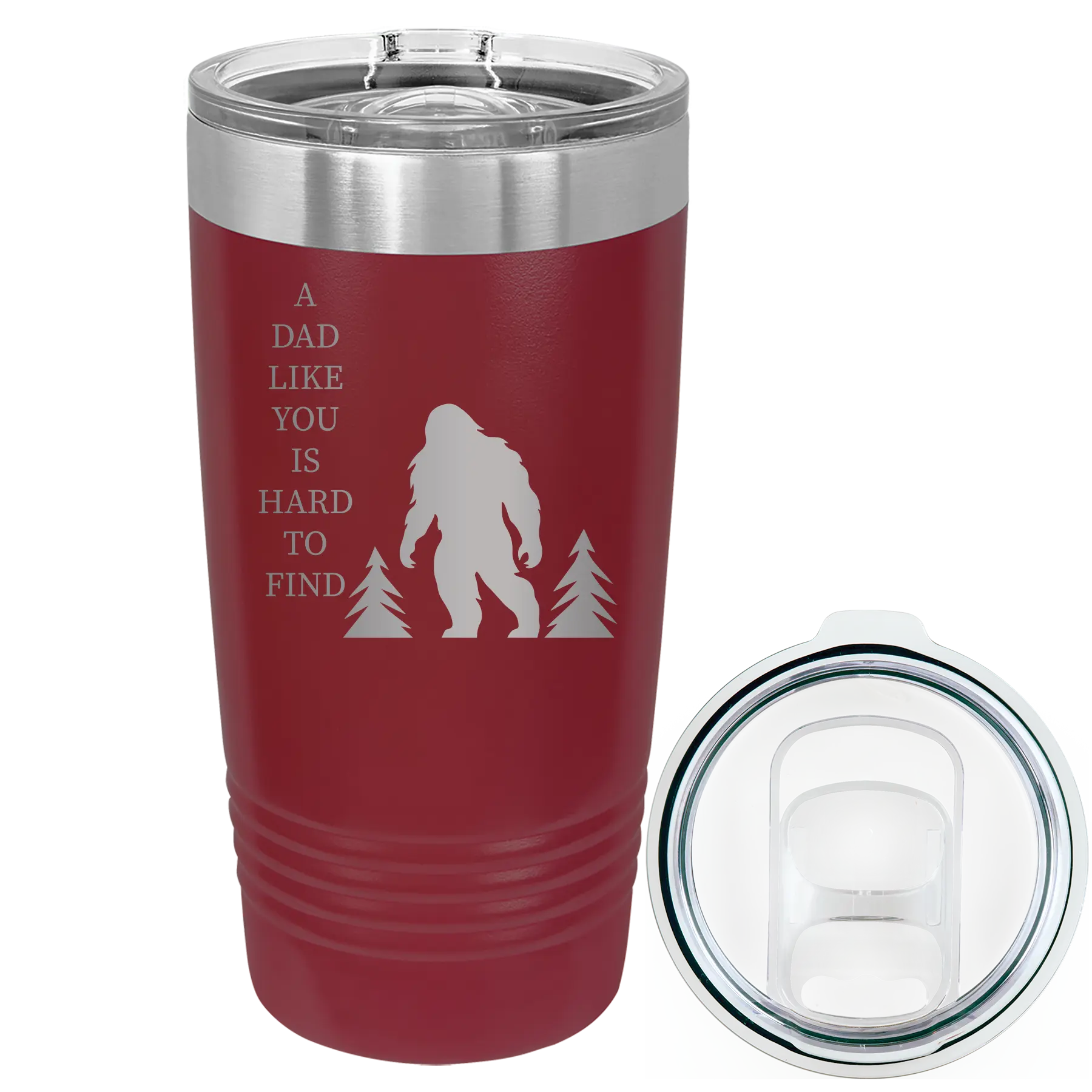 Laser etched maroon 20 oz vacuum insulated tumbler with 'Bigfoot' design