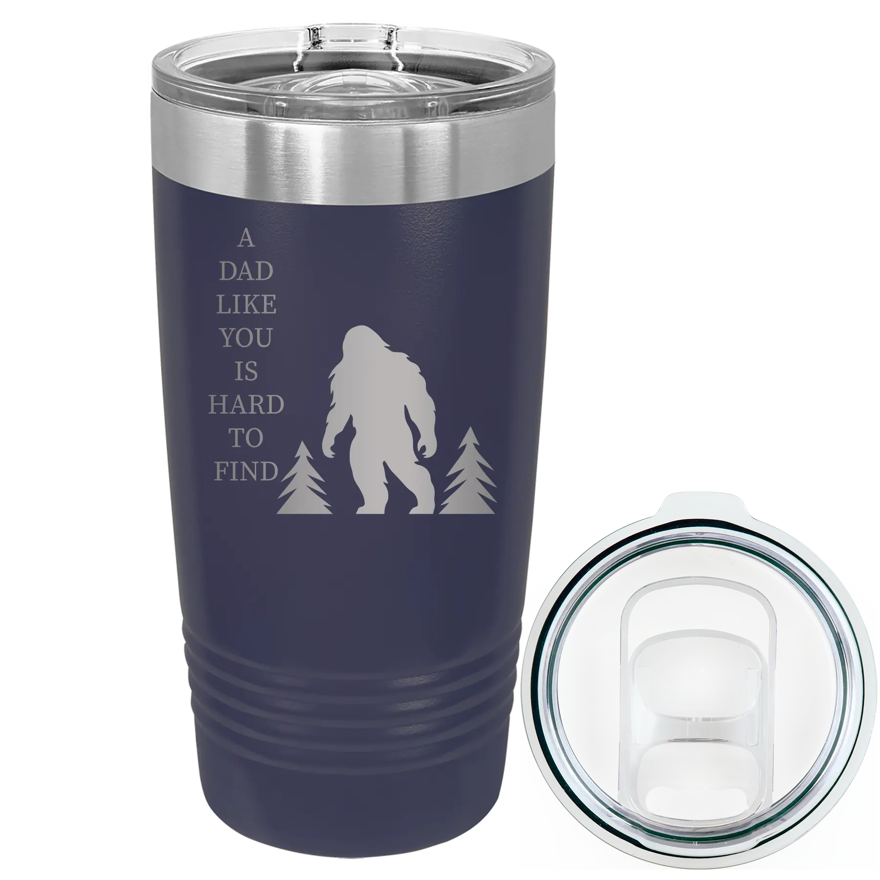 Laser etched navy 20 oz vacuum insulated tumbler with 'Bigfoot' design
