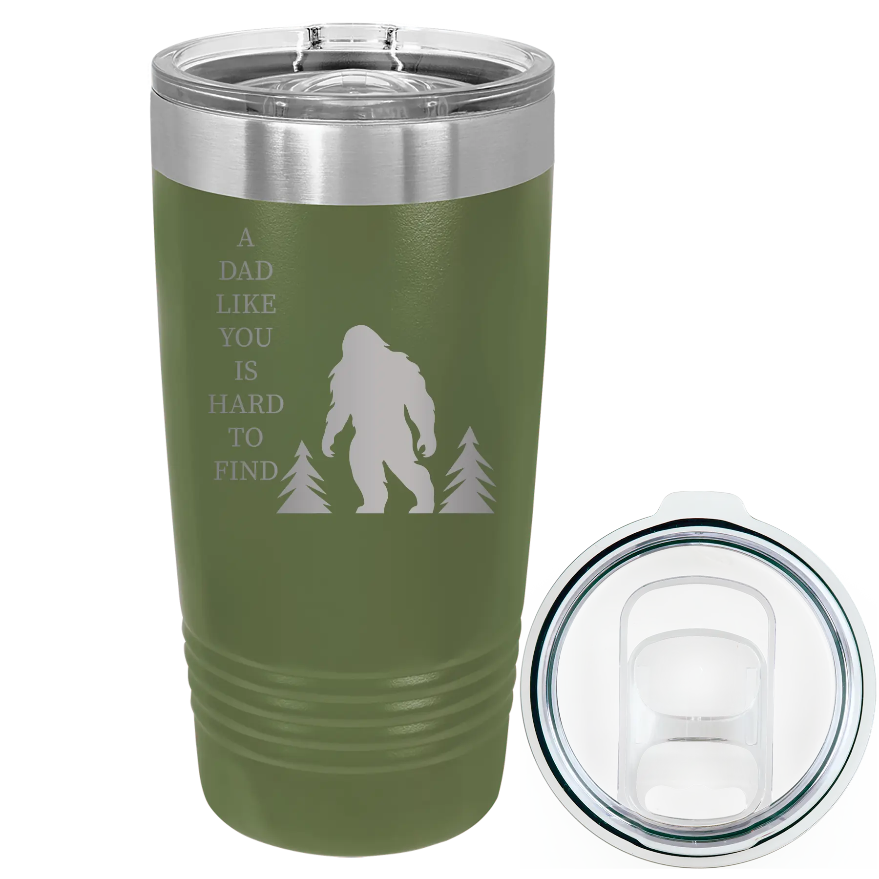 Laser etched olive green 20 oz vacuum insulated tumbler with 'Bigfoot' design