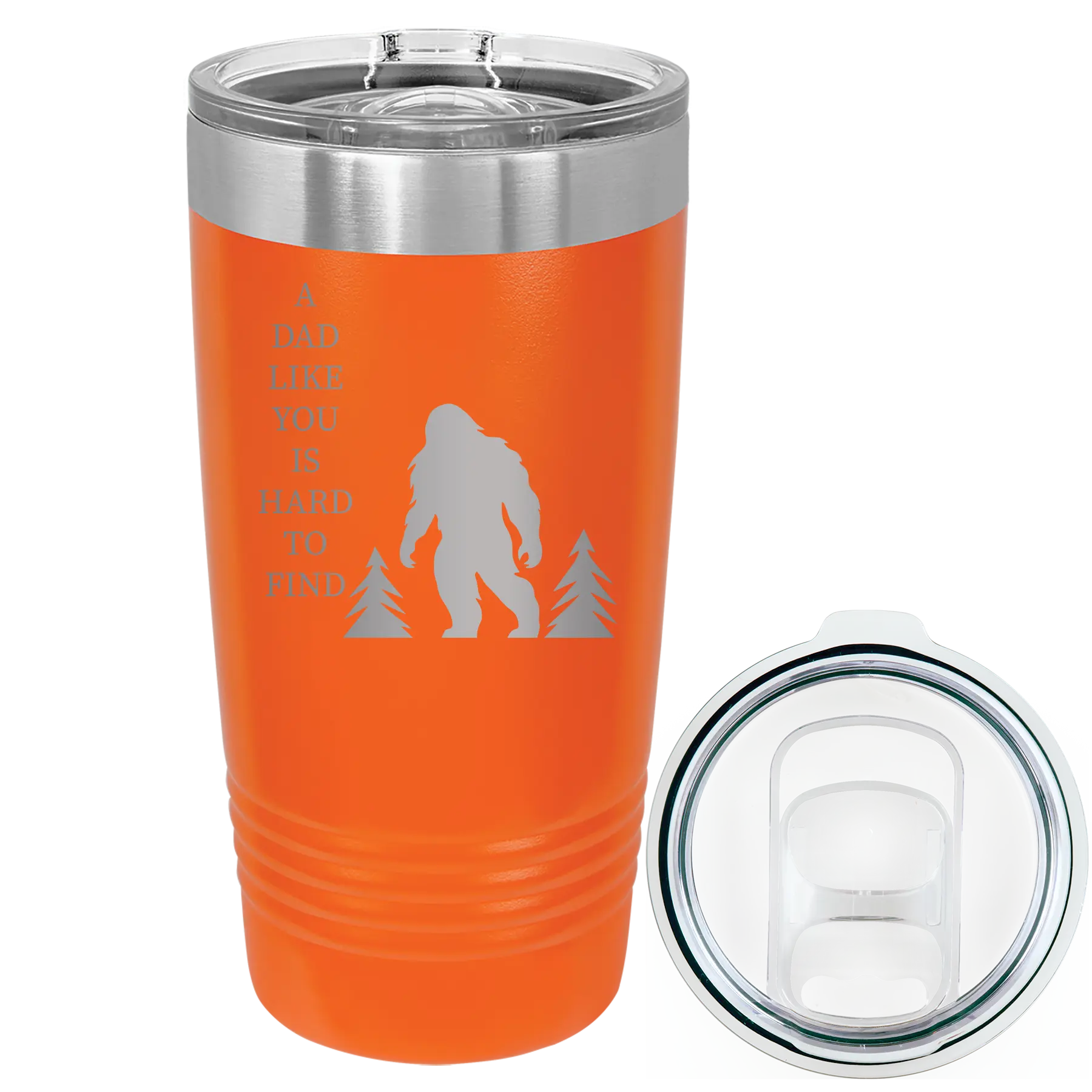 Laser etched orange 20 oz vacuum insulated tumbler with 'Bigfoot' design