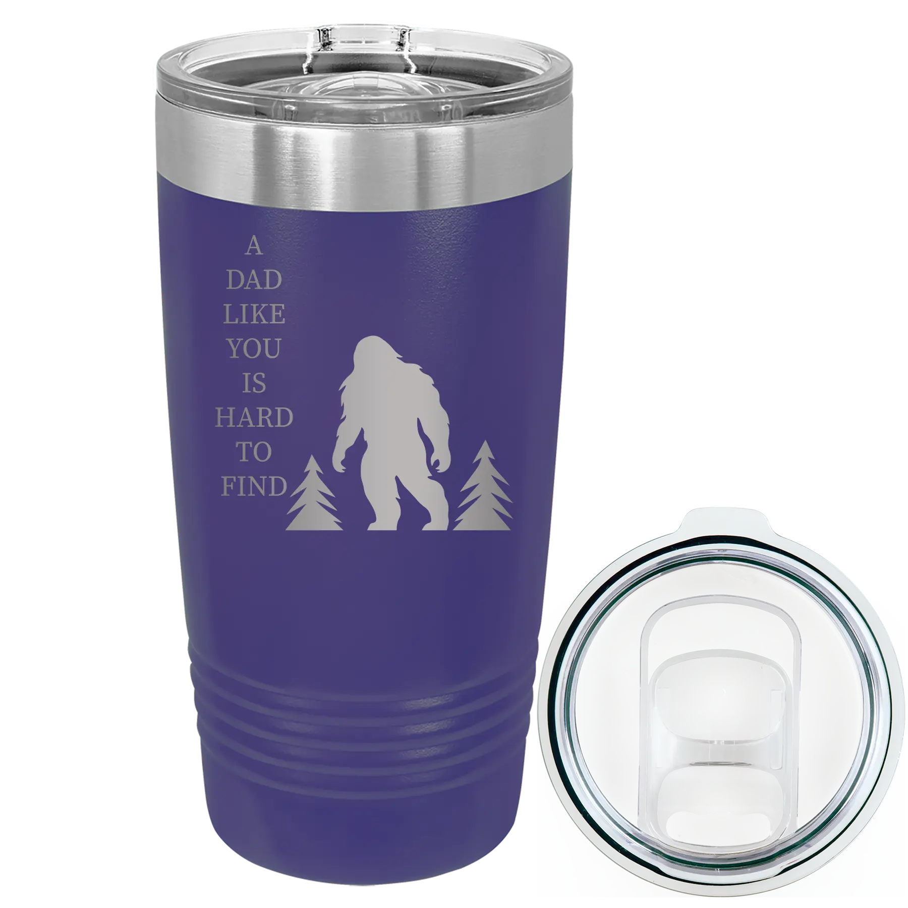 Laser etched purple 20 oz vacuum insulated tumbler with 'Bigfoot' design