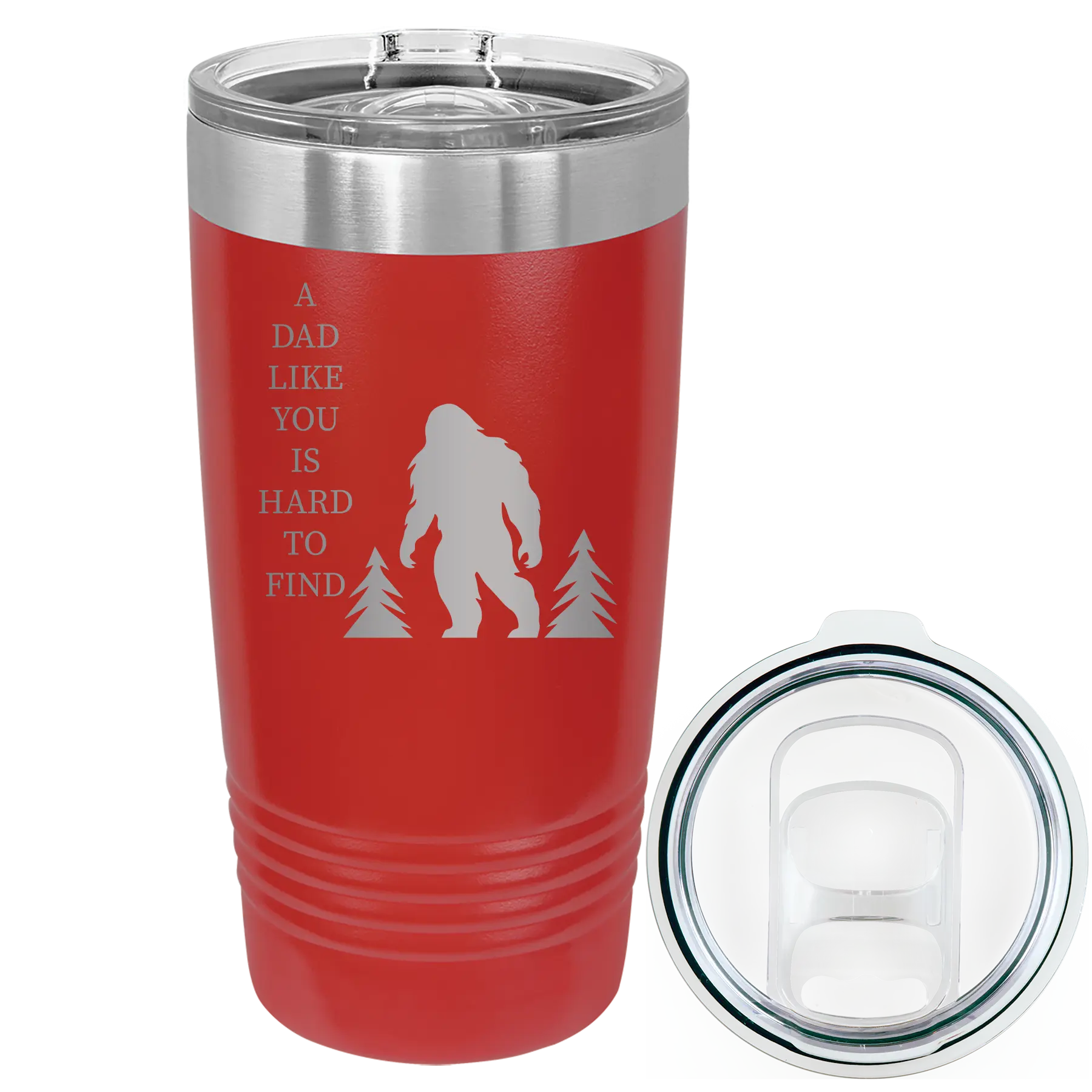 Laser etched red 20 oz vacuum insulated tumbler with 'Bigfoot' design