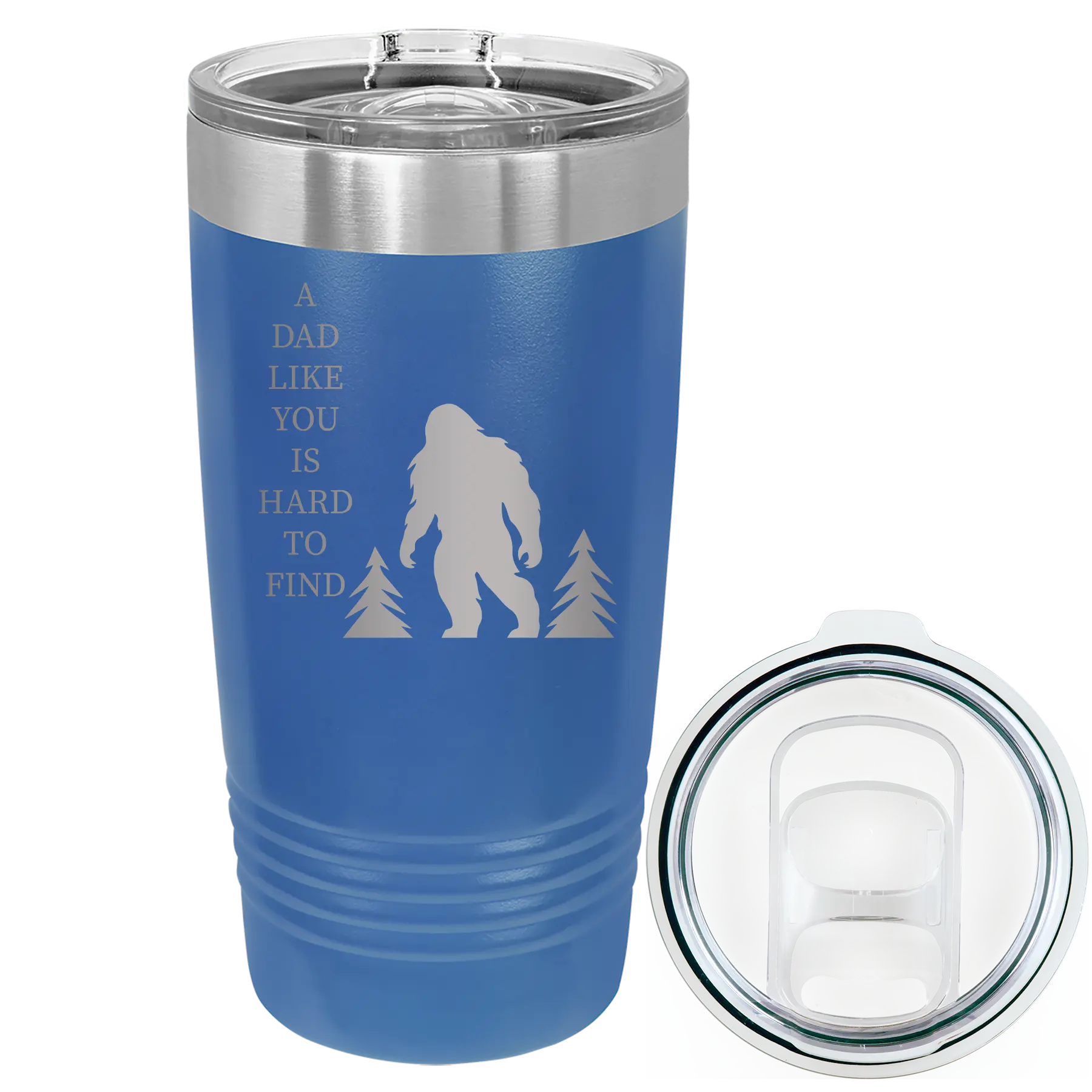 Laser etched royal blue 20 oz vacuum insulated tumbler with 'Bigfoot' design