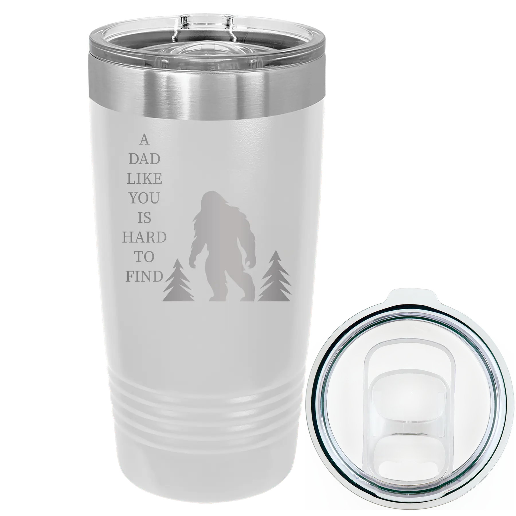 Laser etched white 20 oz vacuum insulated tumbler with 'Bigfoot' design