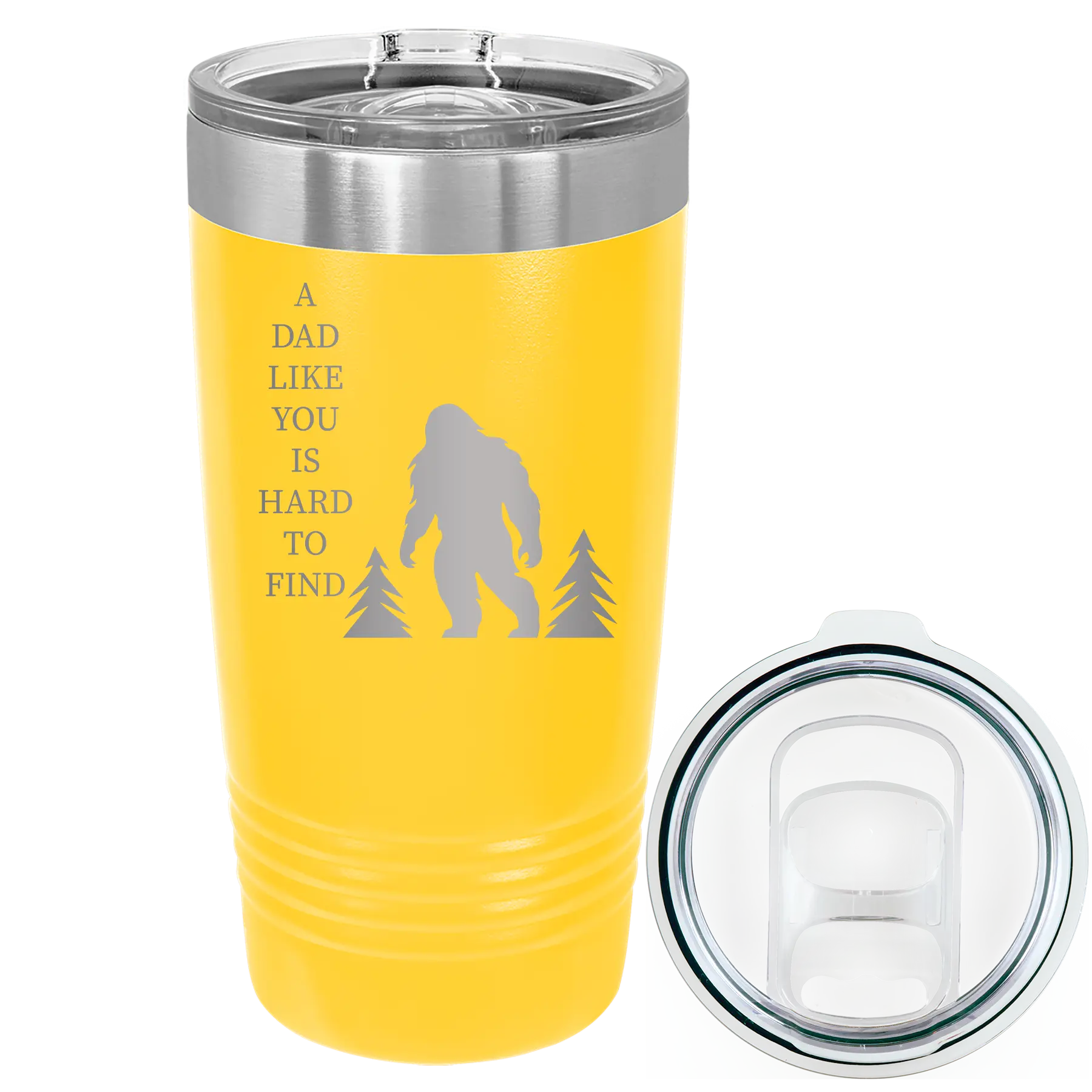 Laser etched yellow 20 oz vacuum insulated tumbler with 'Bigfoot' design