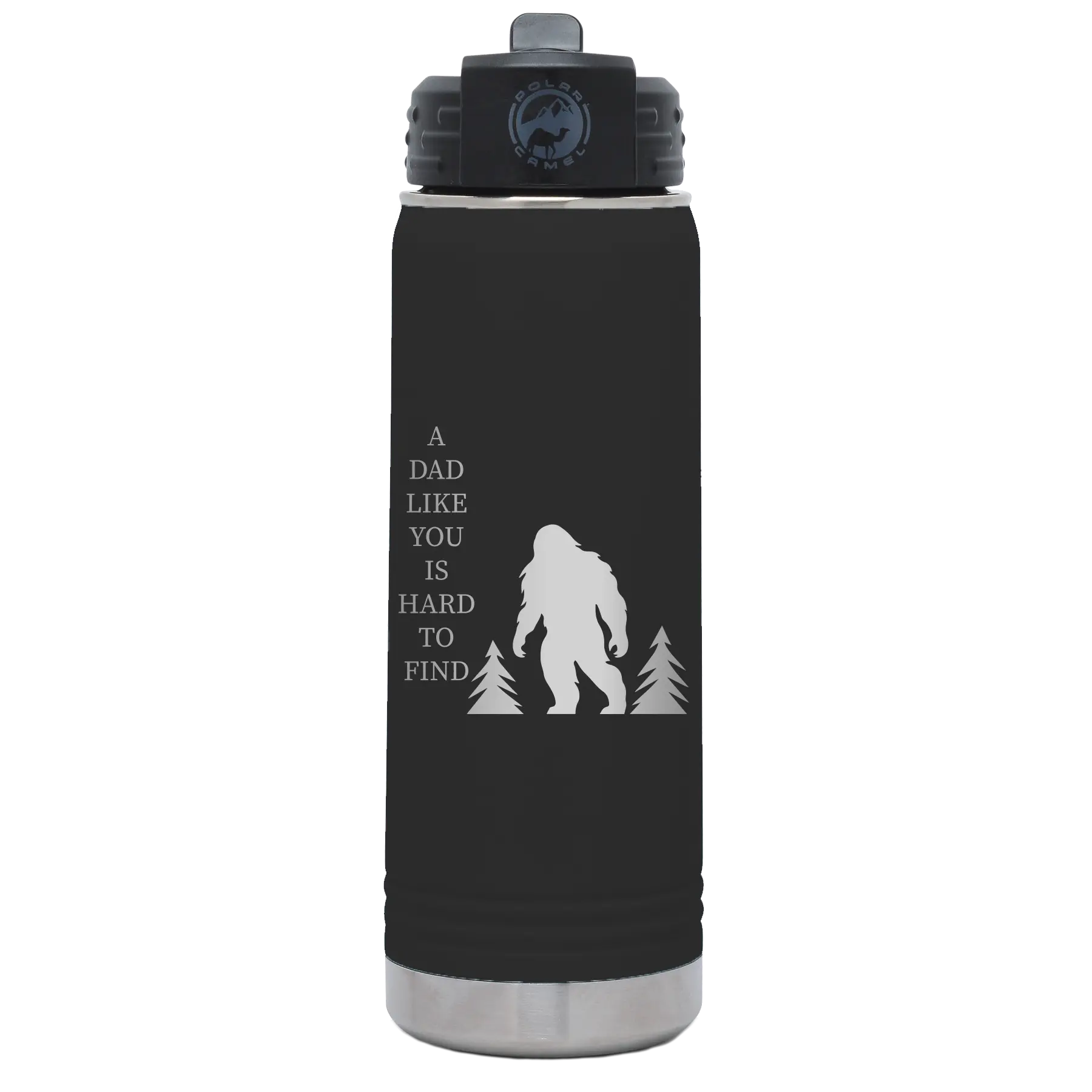 Laser etched black 20 oz vacuum insulated water bottle with 'Bigfoot' design