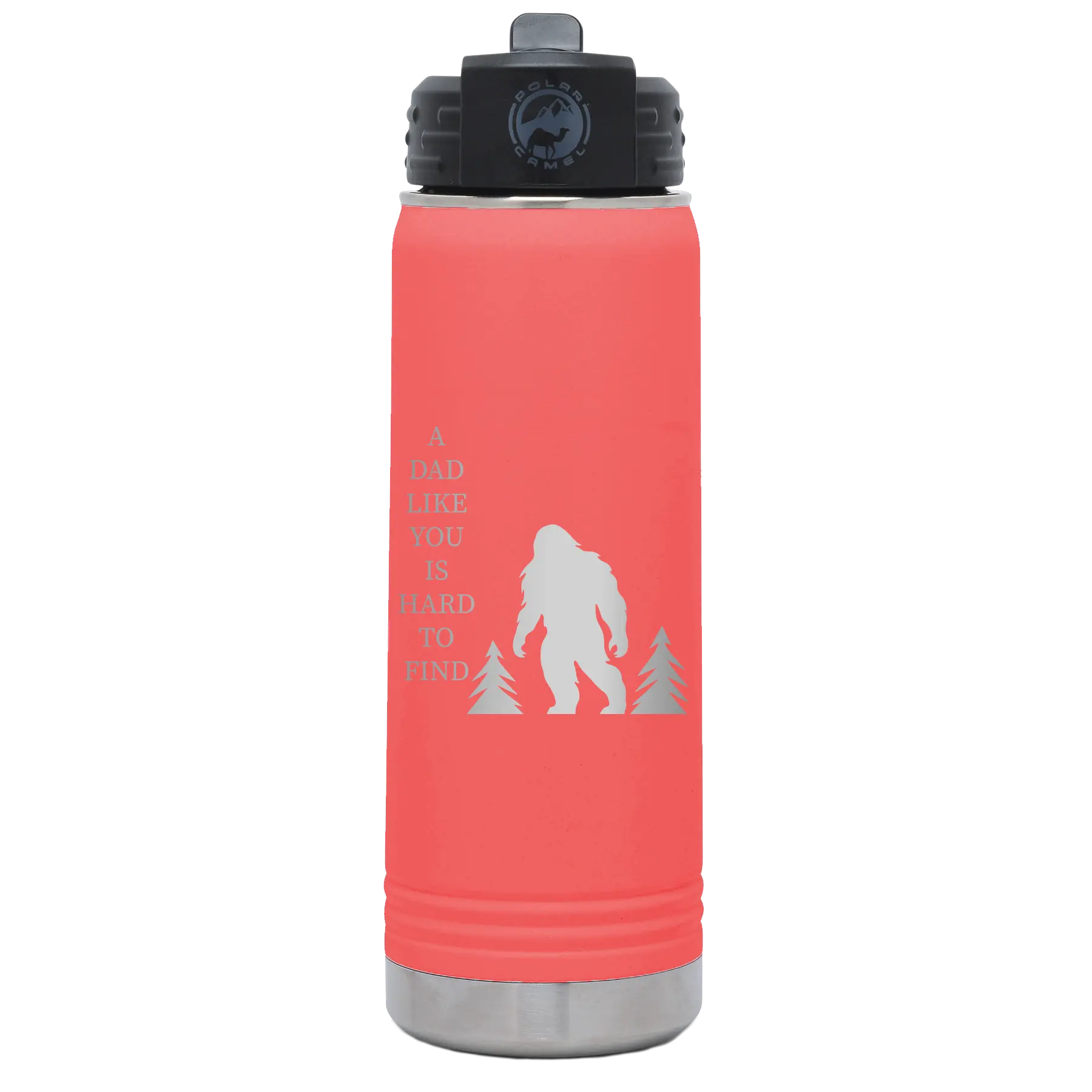 Laser etched coral 20 oz vacuum insulated water bottle with 'Bigfoot' design