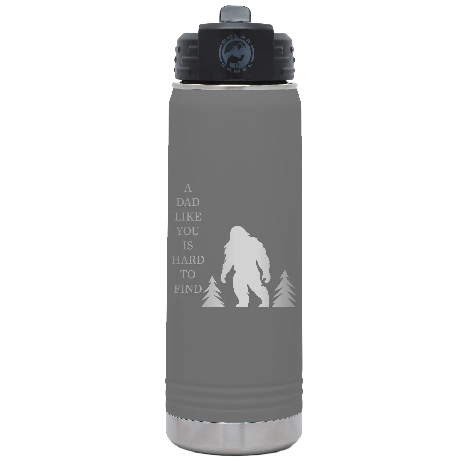 Laser etched dark gray 20 oz vacuum insulated water bottle with 'Bigfoot' design