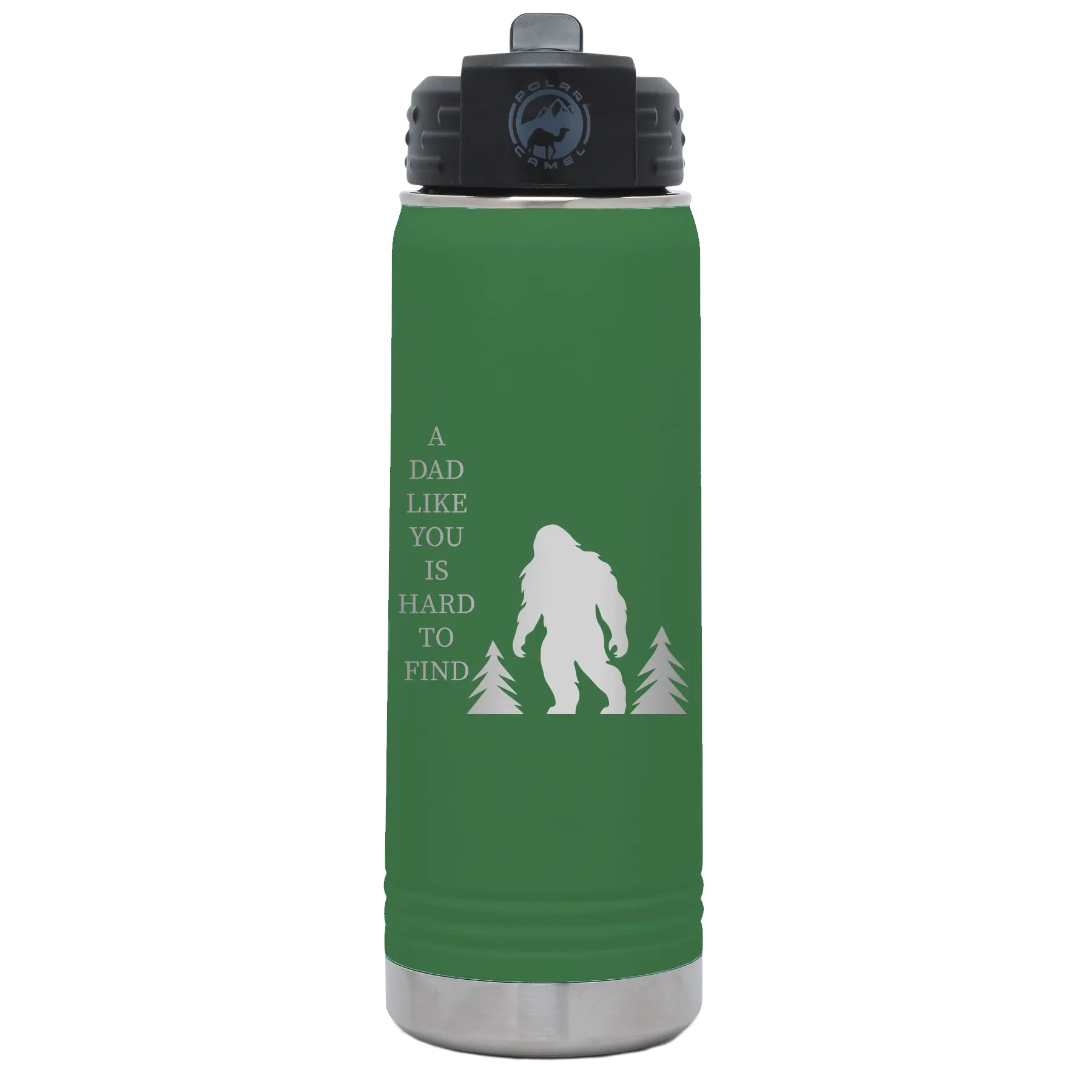 Laser etched green 20 oz vacuum insulated water bottle with 'Bigfoot' design
