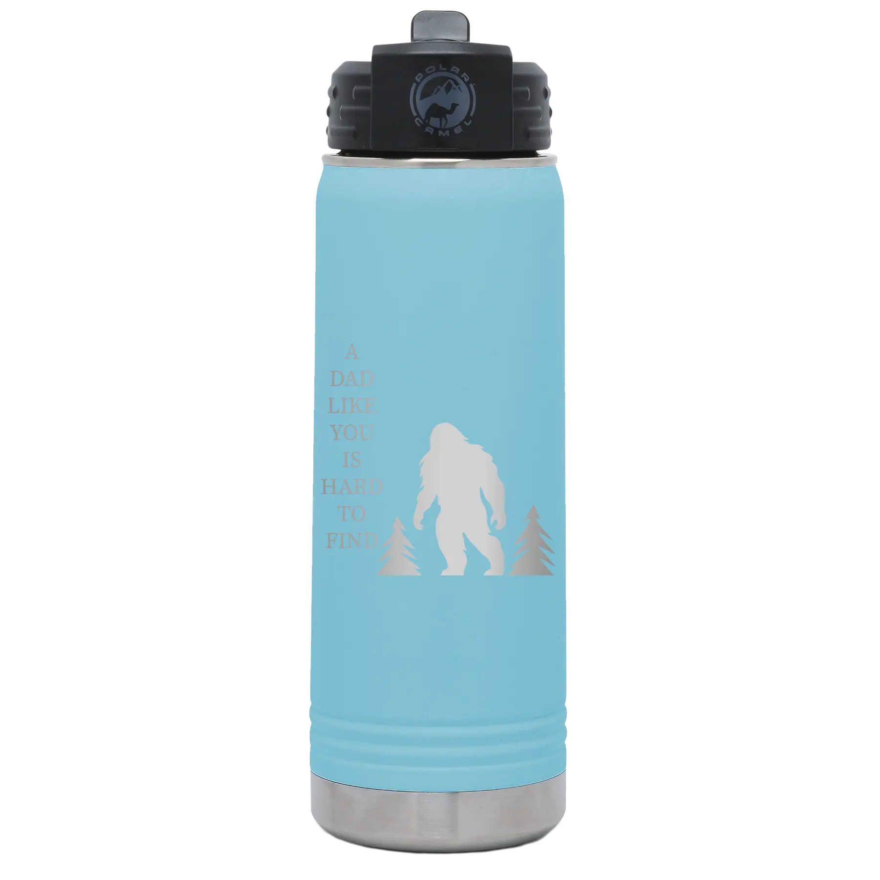 Laser etched light blue 20 oz vacuum insulated water bottle with 'Bigfoot' design