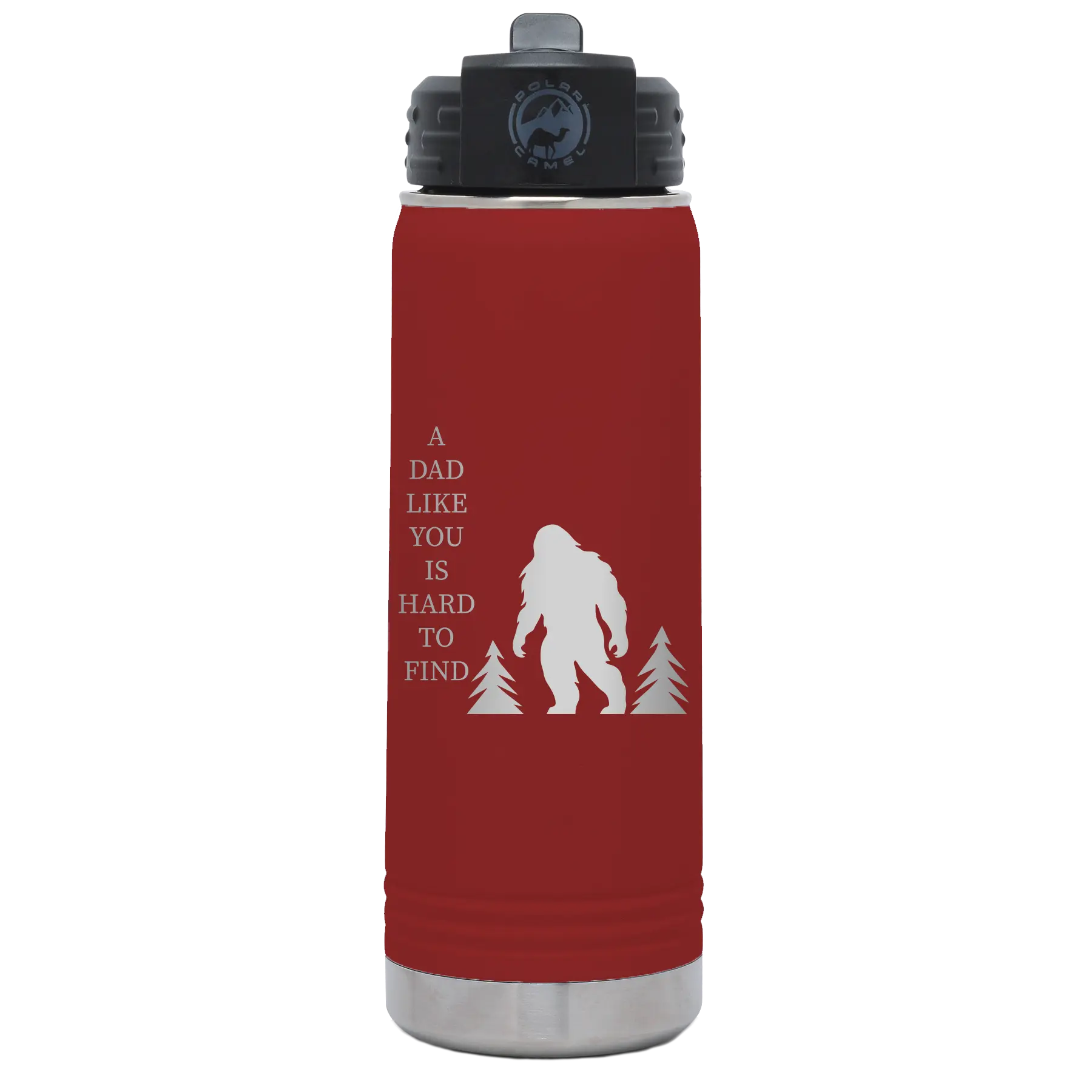 Laser etched maroon 20 oz vacuum insulated water bottle with 'Bigfoot' design