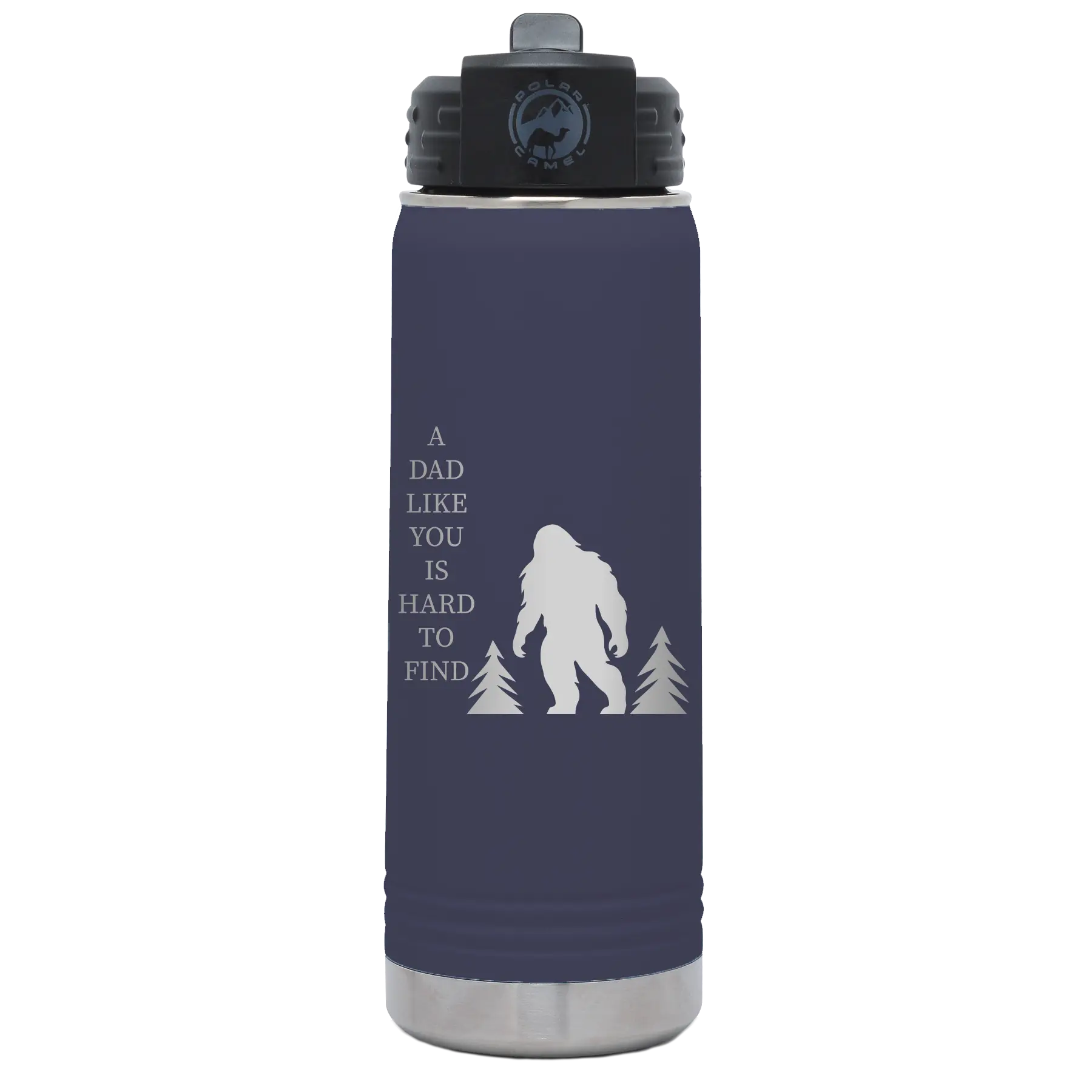 Laser etched navy 20 oz vacuum insulated water bottle with 'Bigfoot' design