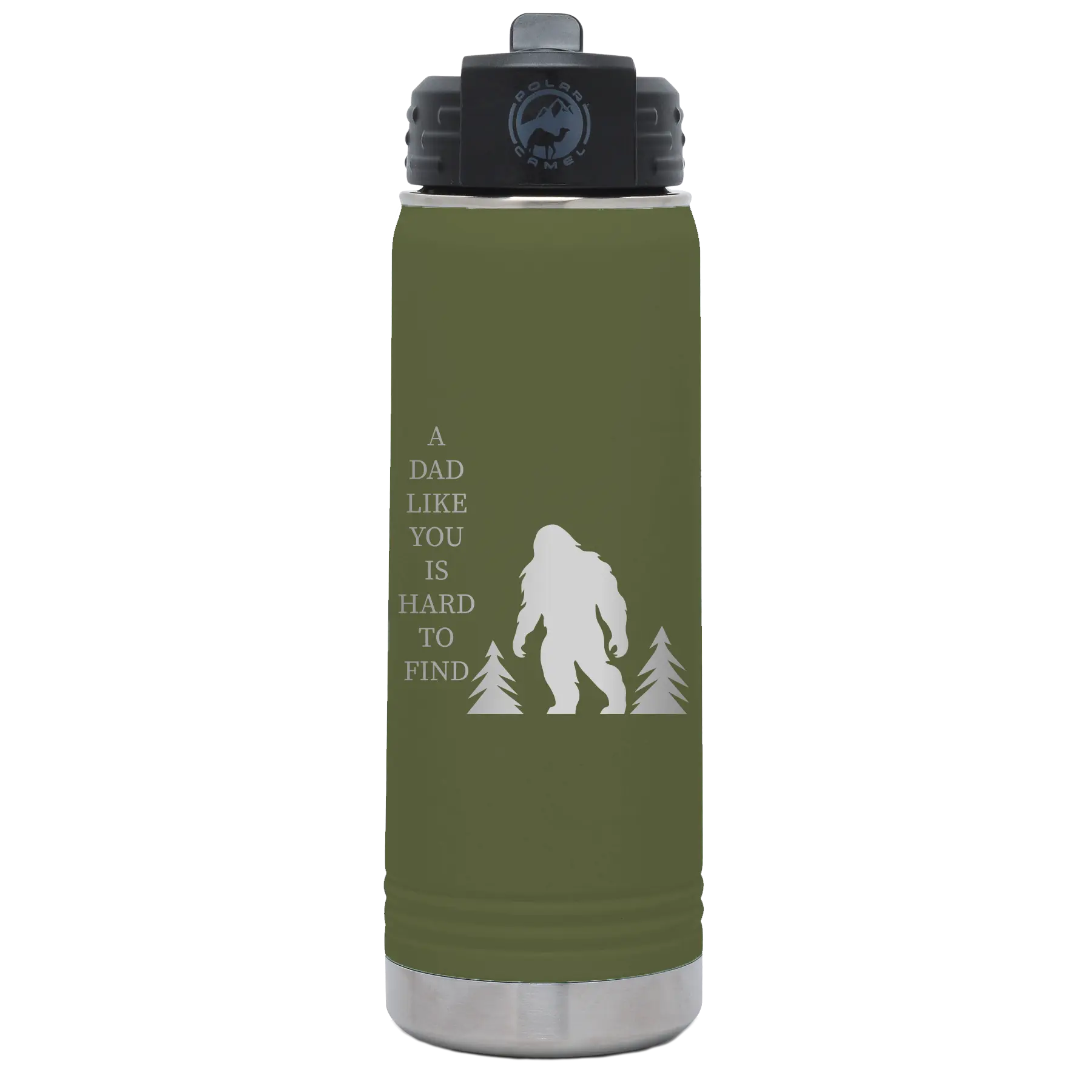 Laser etched olive green 20 oz vacuum insulated water bottle with 'Bigfoot' design