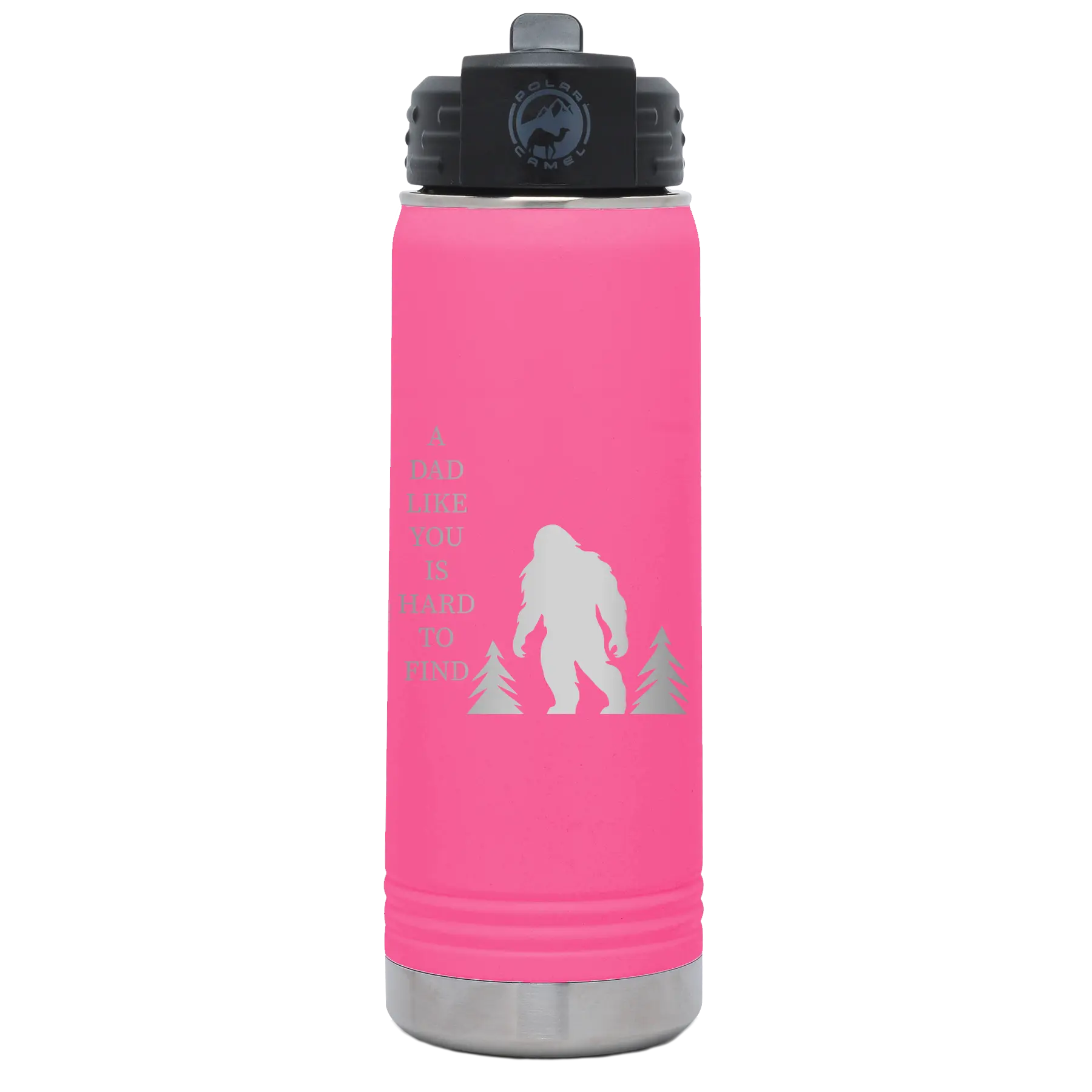 Laser etched pink 20 oz vacuum insulated water bottle with 'Bigfoot' design