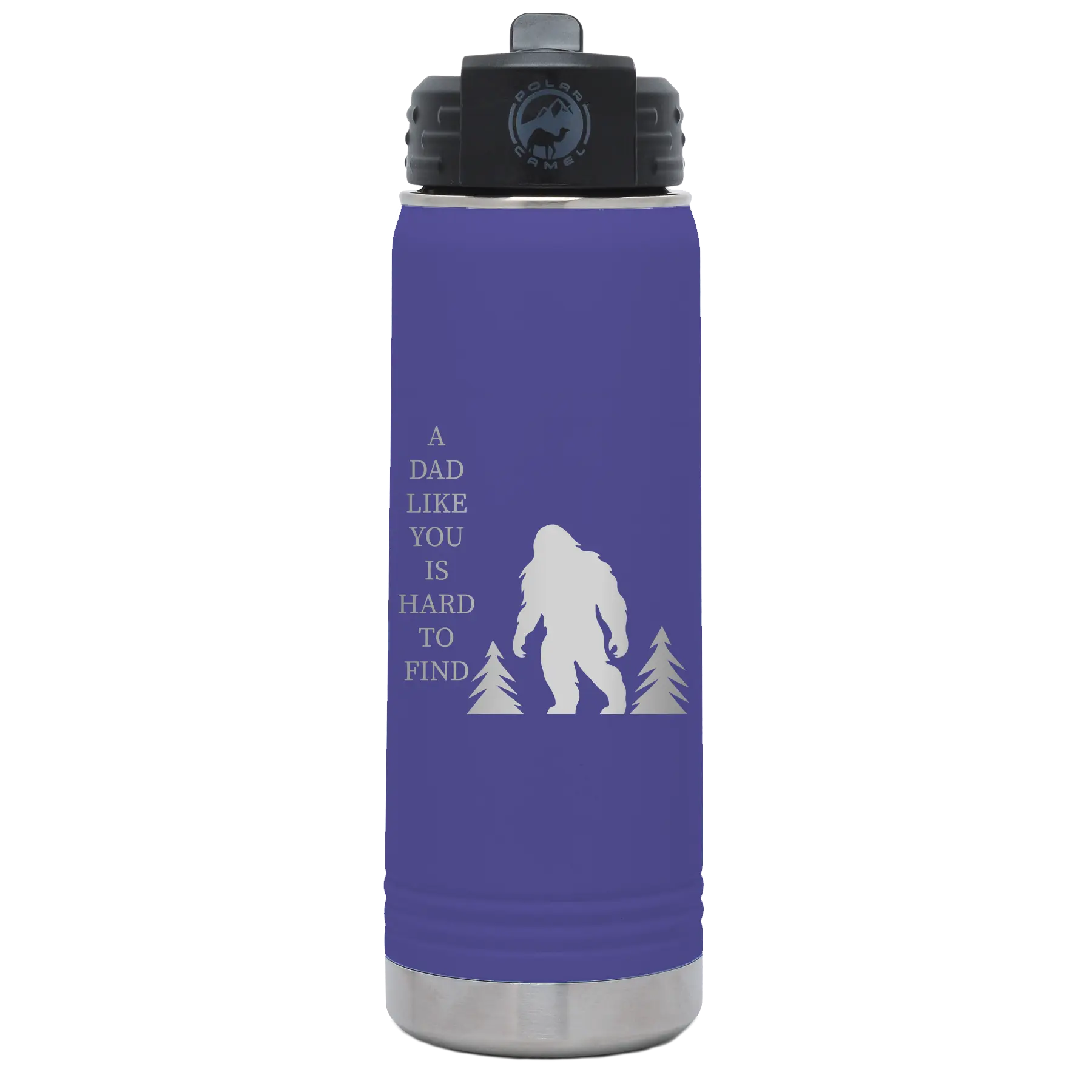 Laser etched purple 20 oz vacuum insulated water bottle with 'Bigfoot' design