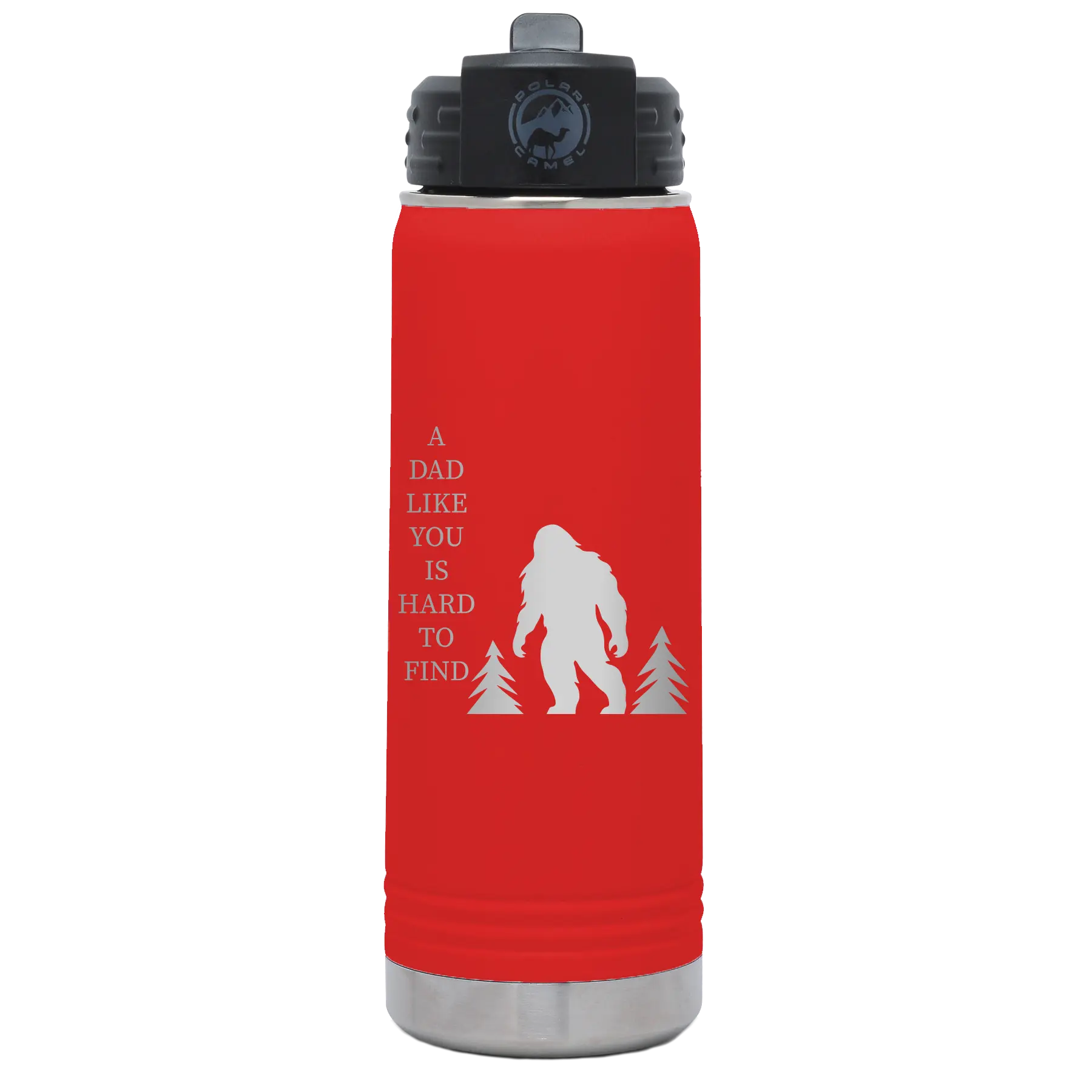 Laser etched red 20 oz vacuum insulated water bottle with 'Bigfoot' design