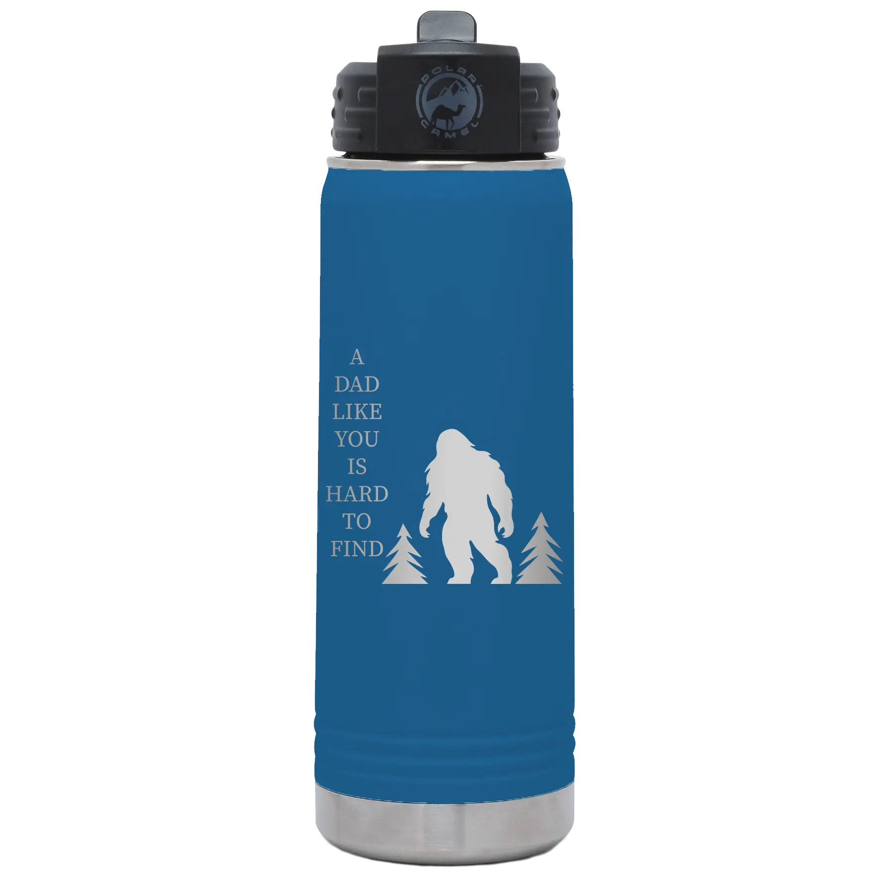 Laser etched royal blue 20 oz vacuum insulated water bottle with 'Bigfoot' design