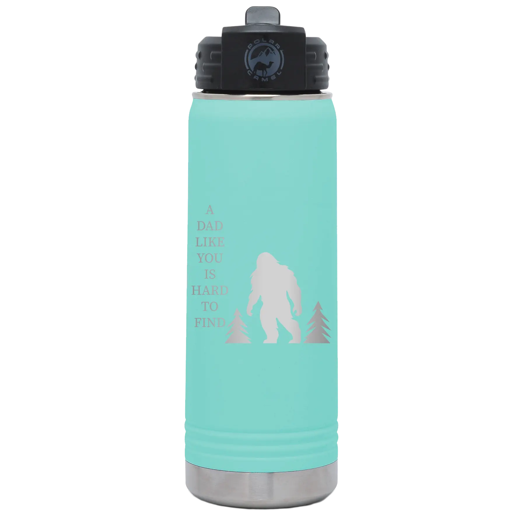 Laser etched teal 20 oz vacuum insulated water bottle with 'Bigfoot' design