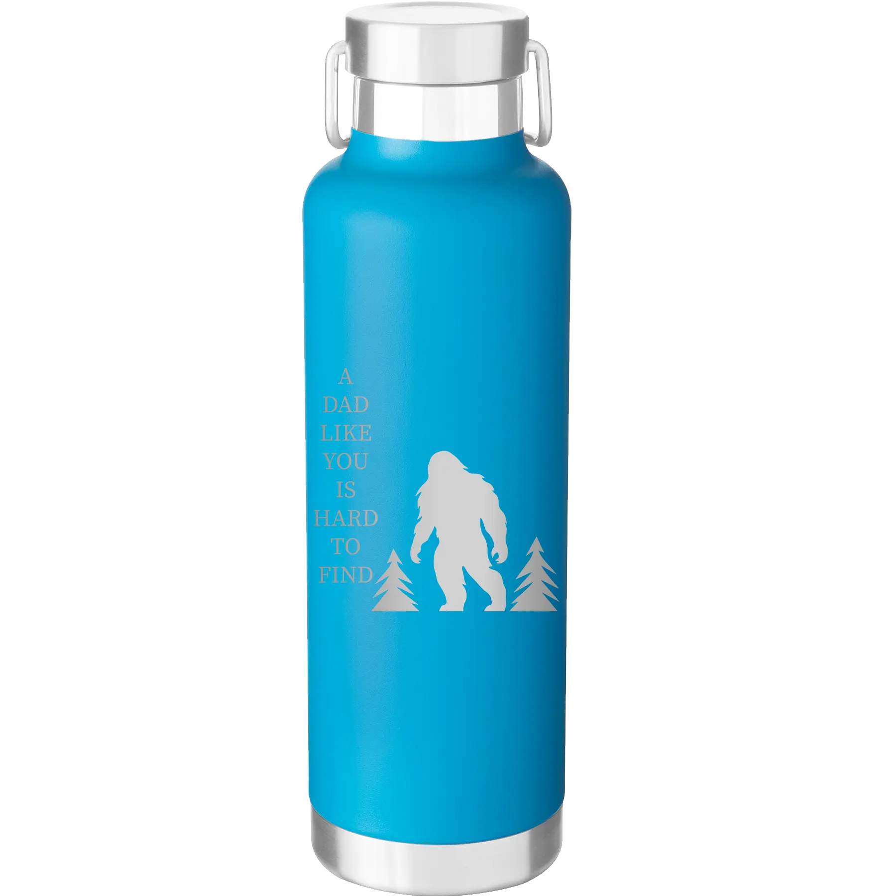 Laser etched aqua 24 oz vacuum insulated water bottle with 'Bigfoot' design