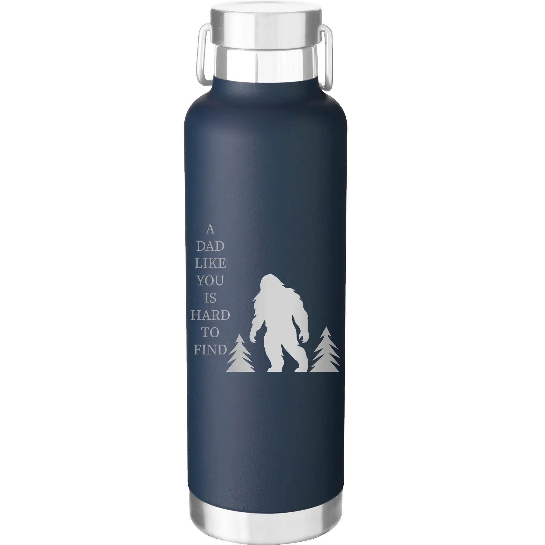 Laser etched navy 24 oz vacuum insulated water bottle with 'Bigfoot' design