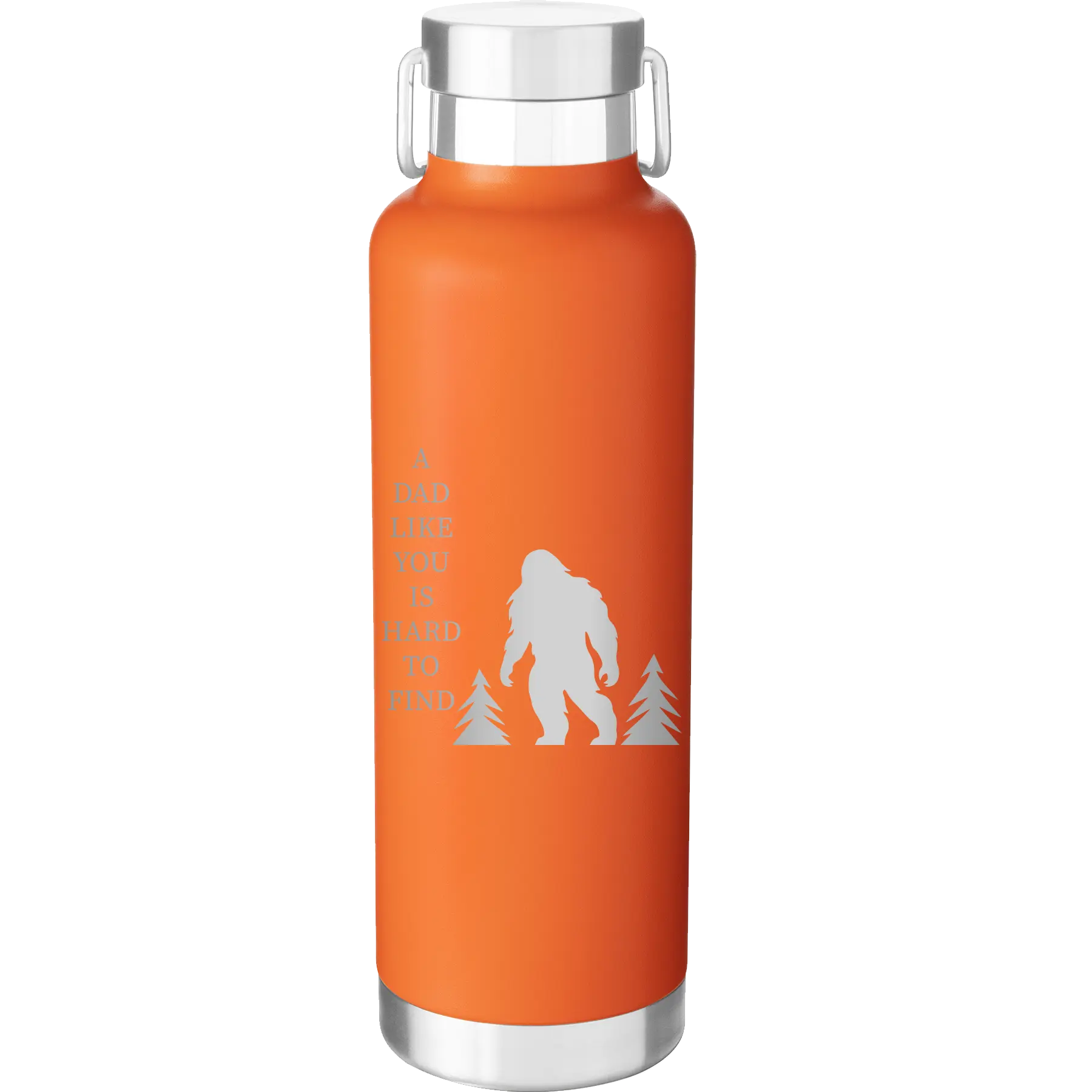 Laser etched orange 24 oz vacuum insulated water bottle with 'Bigfoot' design