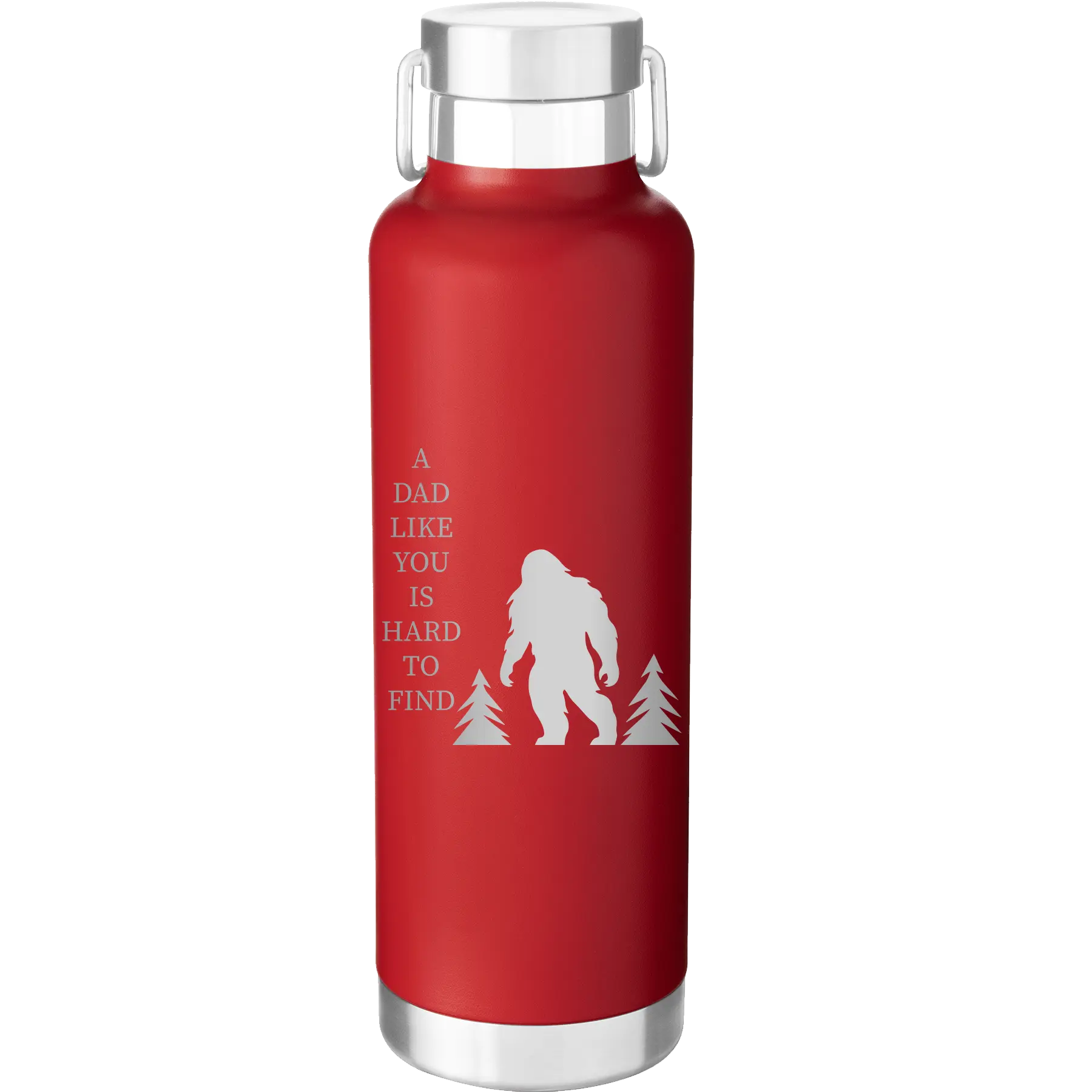 Laser etched red 24 oz vacuum insulated water bottle with 'Bigfoot' design
