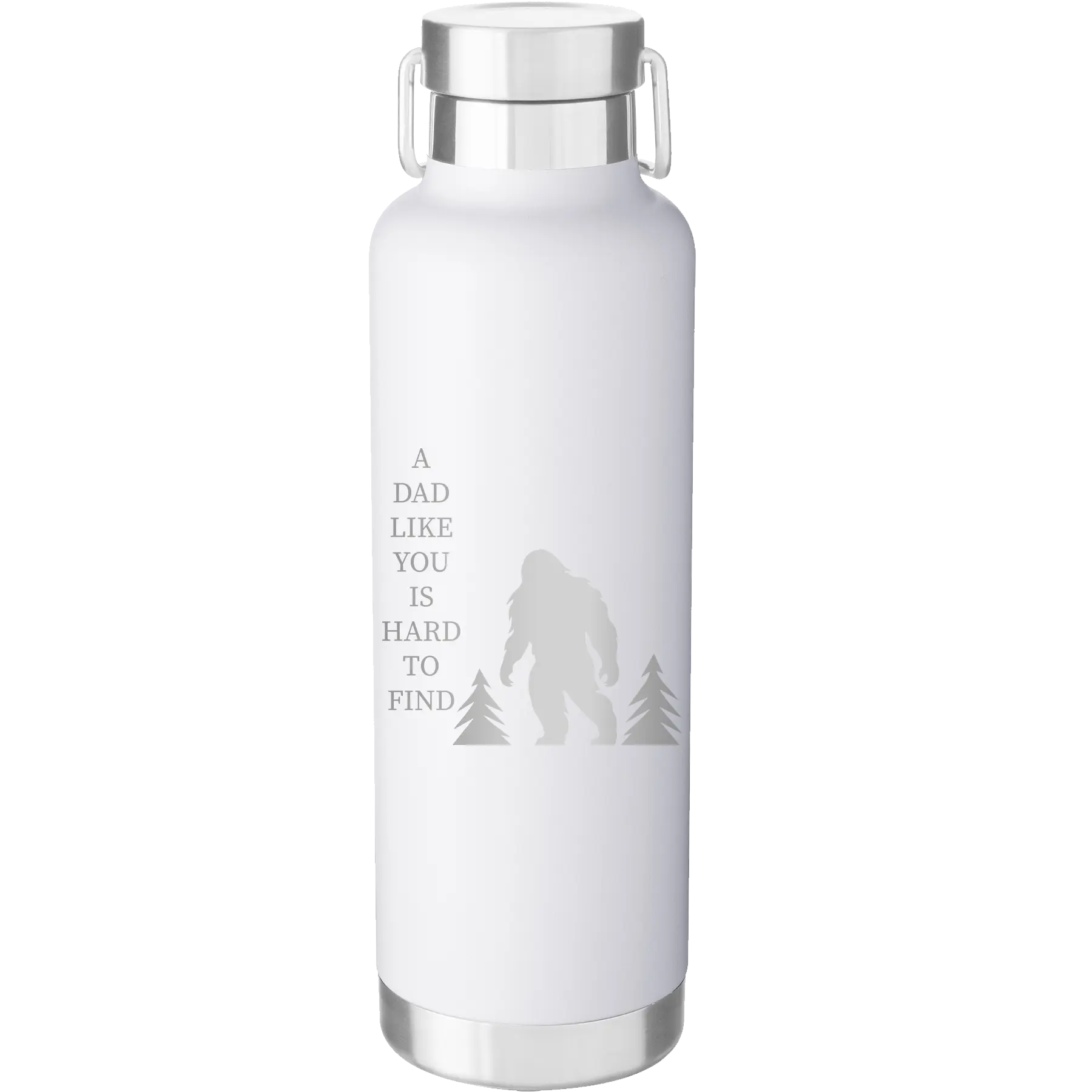 Laser etched white 24 oz vacuum insulated water bottle with 'Bigfoot' design