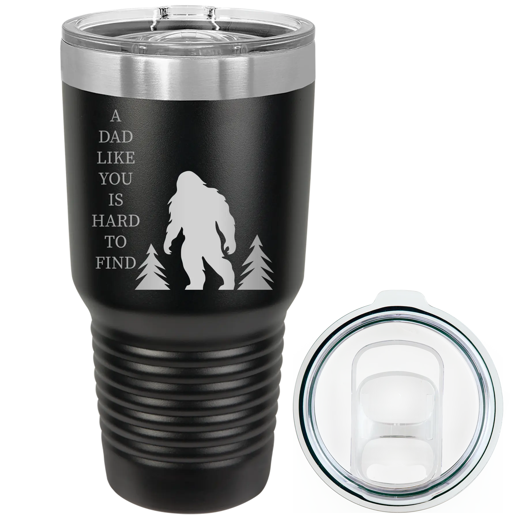 Laser etched black 30 oz vacuum insulated tumbler with 'Bigfoot' design