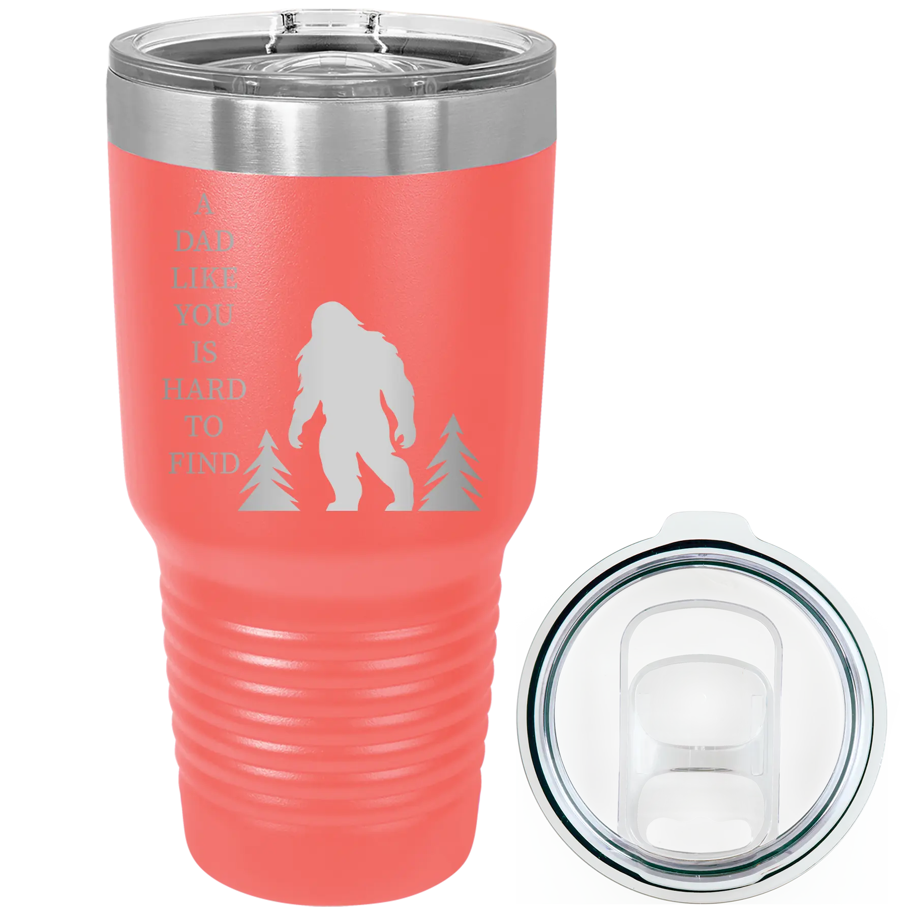 Laser etched coral 30 oz vacuum insulated tumbler with 'Bigfoot' design