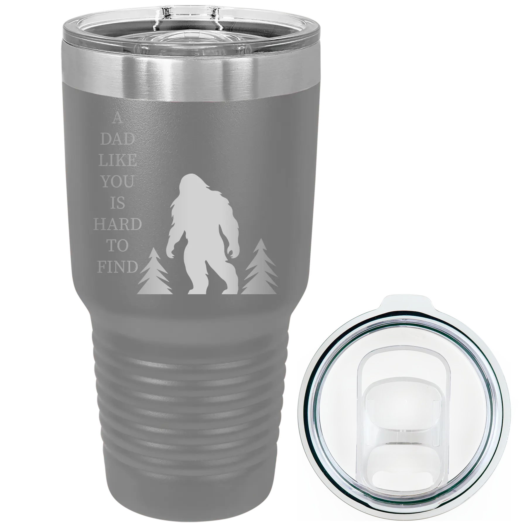 Laser etched dark gray 30 oz vacuum insulated tumbler with 'Bigfoot' design