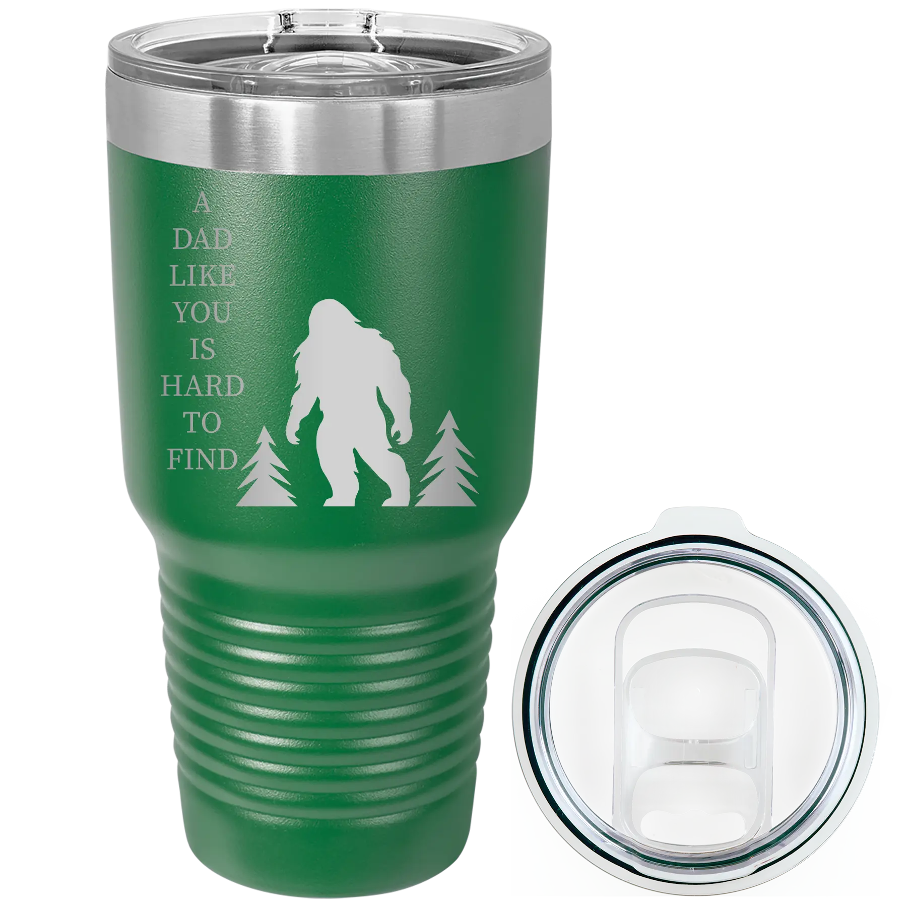 Laser etched green 30 oz vacuum insulated tumbler with 'Bigfoot' design