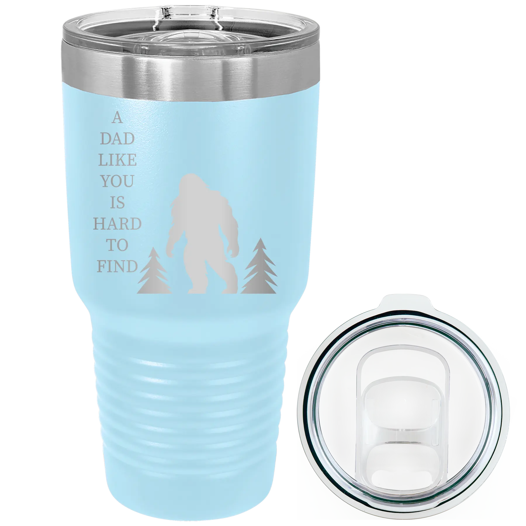 Laser etched light blue 30 oz vacuum insulated tumbler with 'Bigfoot' design