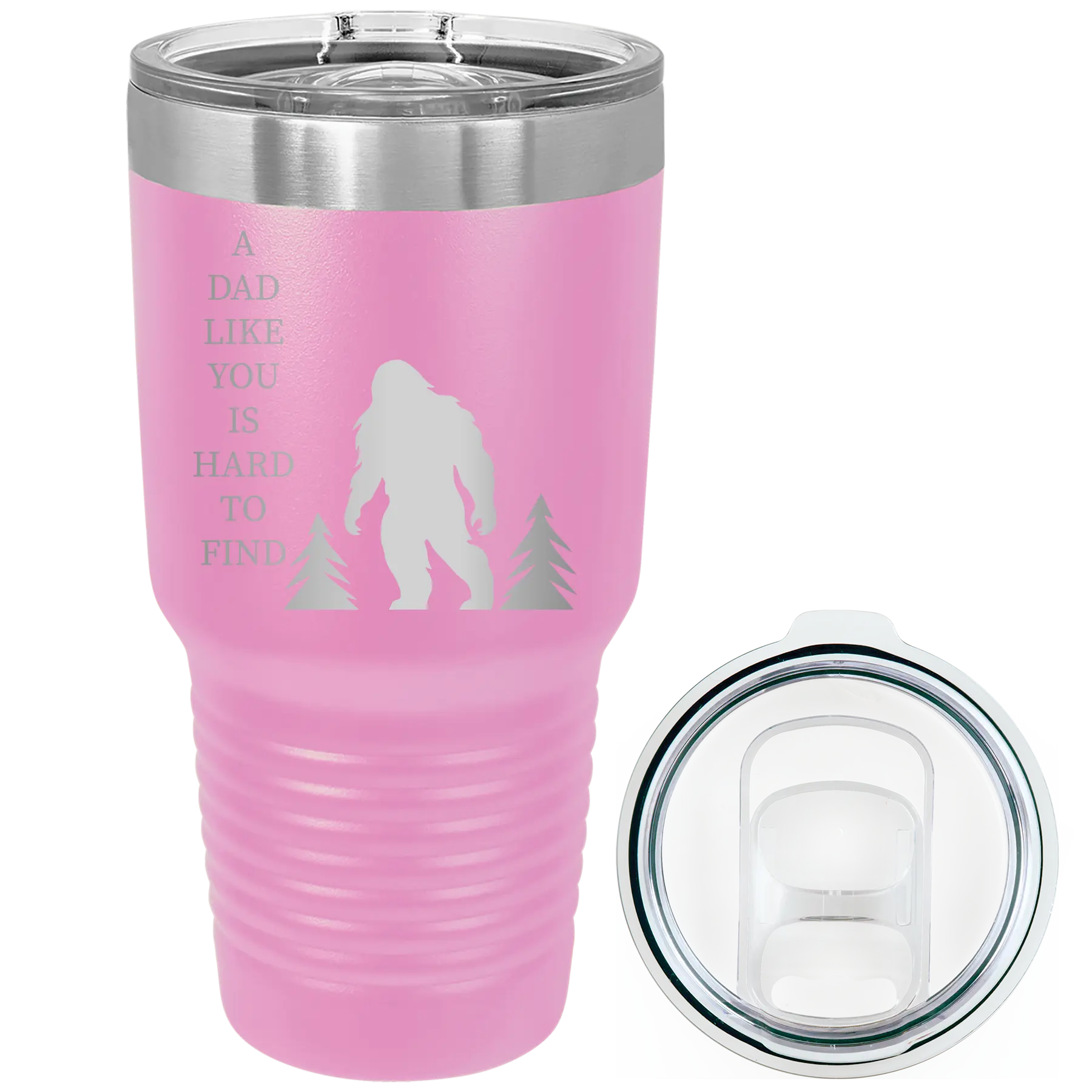 Laser etched light purple 30 oz vacuum insulated tumbler with 'Bigfoot' design