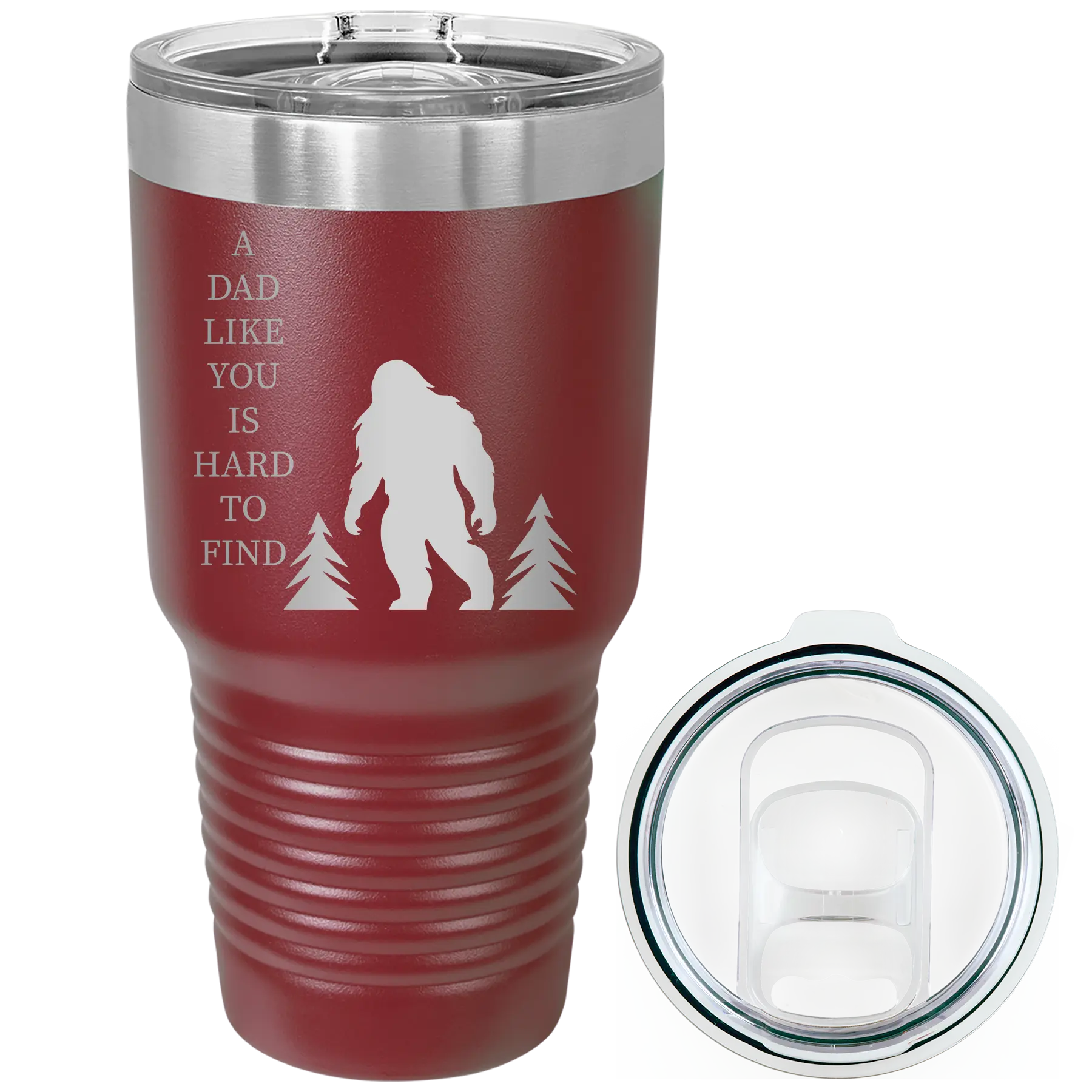 Laser etched maroon 30 oz vacuum insulated tumbler with 'Bigfoot' design