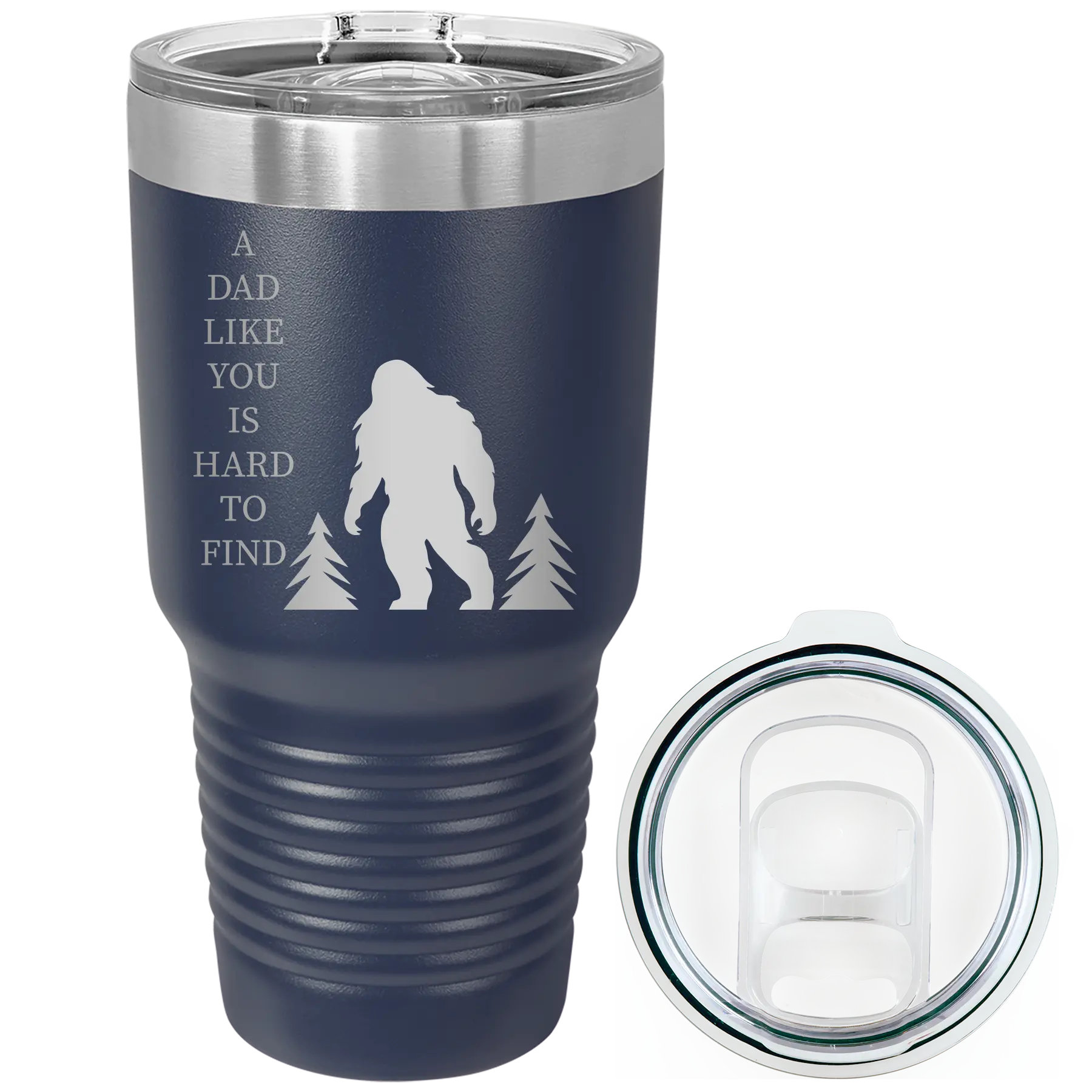 Laser etched navy 30 oz vacuum insulated tumbler with 'Bigfoot' design