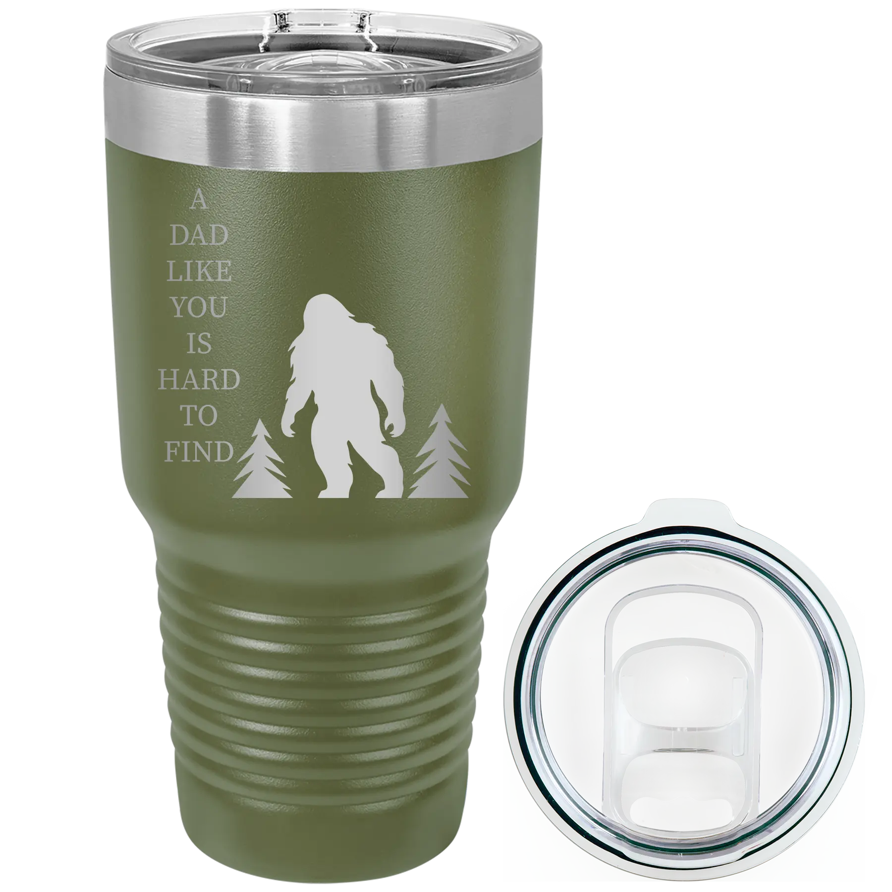 Laser etched olive green 30 oz vacuum insulated tumbler with 'Bigfoot' design