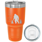 Laser etched orange 30 oz vacuum insulated tumbler with 'Bigfoot' design