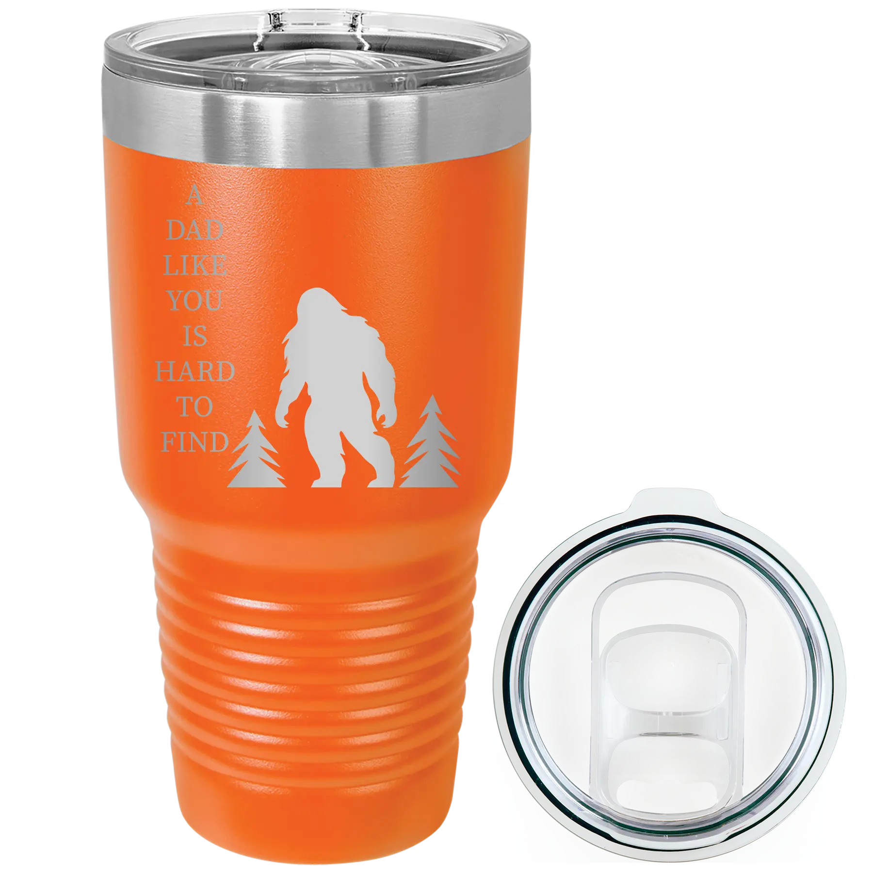 Laser etched orange 30 oz vacuum insulated tumbler with 'Bigfoot' design
