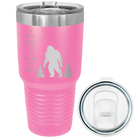 Laser etched pink 30 oz vacuum insulated tumbler with 'Bigfoot' design