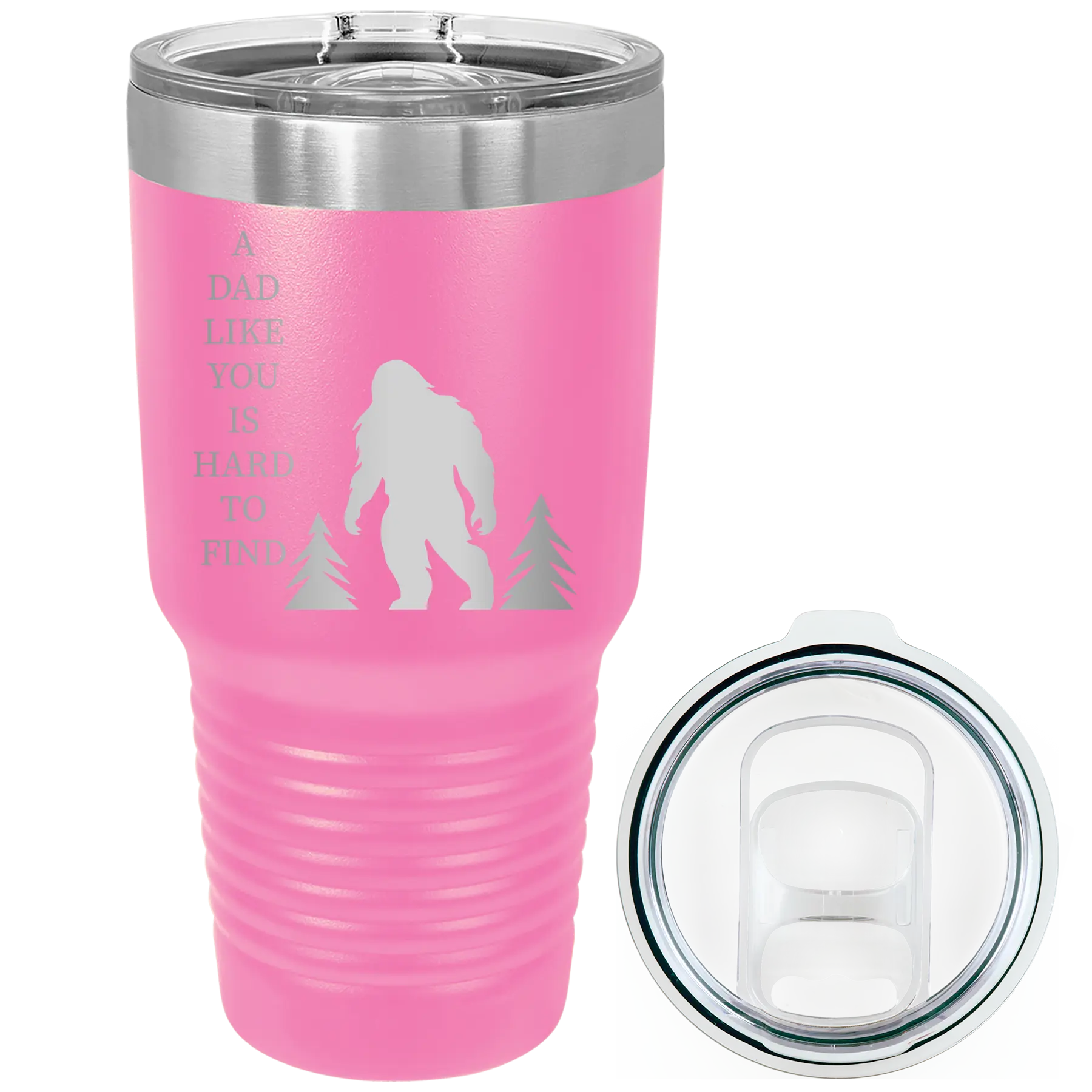 Laser etched pink 30 oz vacuum insulated tumbler with 'Bigfoot' design