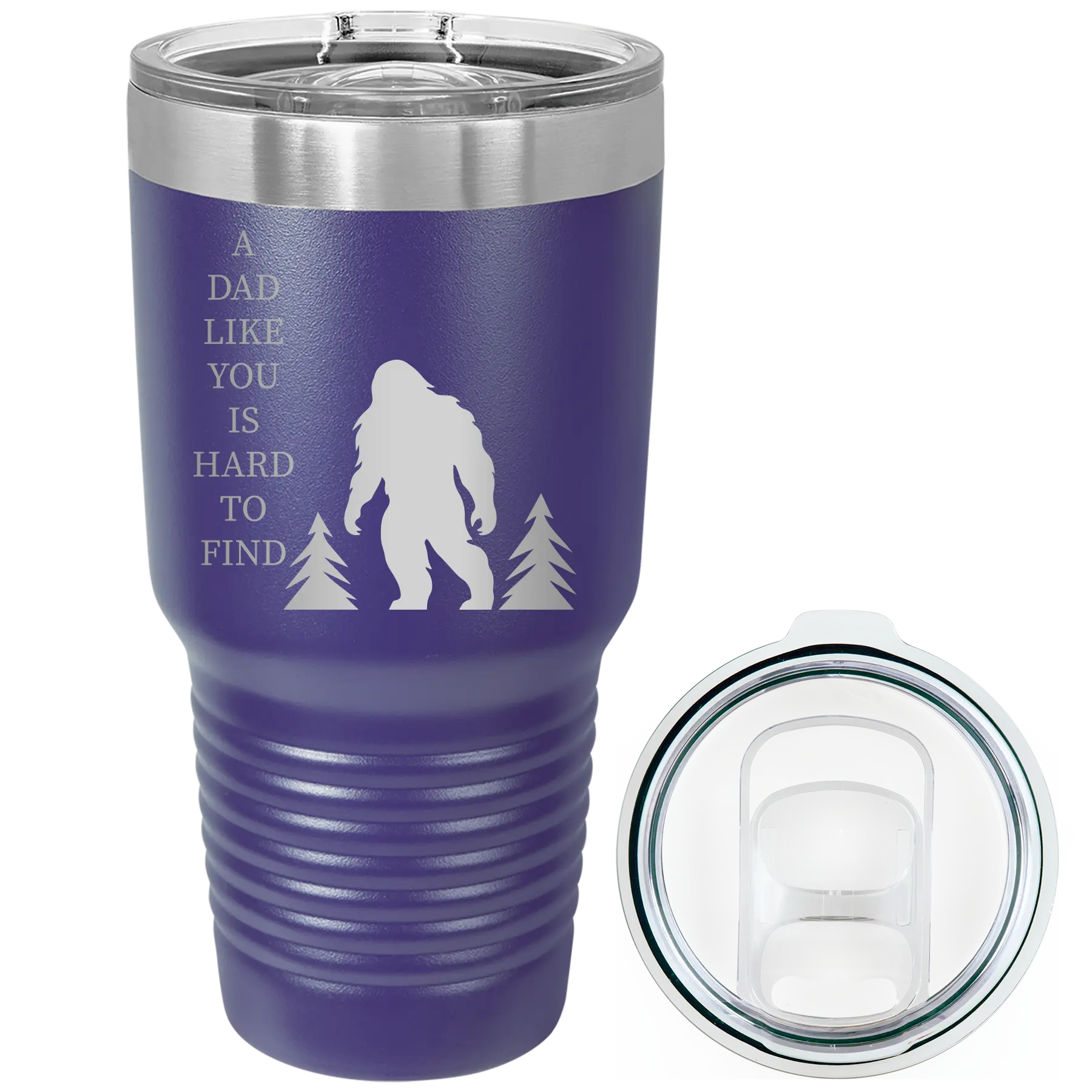 Laser etched purple 30 oz vacuum insulated tumbler with 'Bigfoot' design