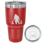 Laser etched red 30 oz vacuum insulated tumbler with 'Bigfoot' design