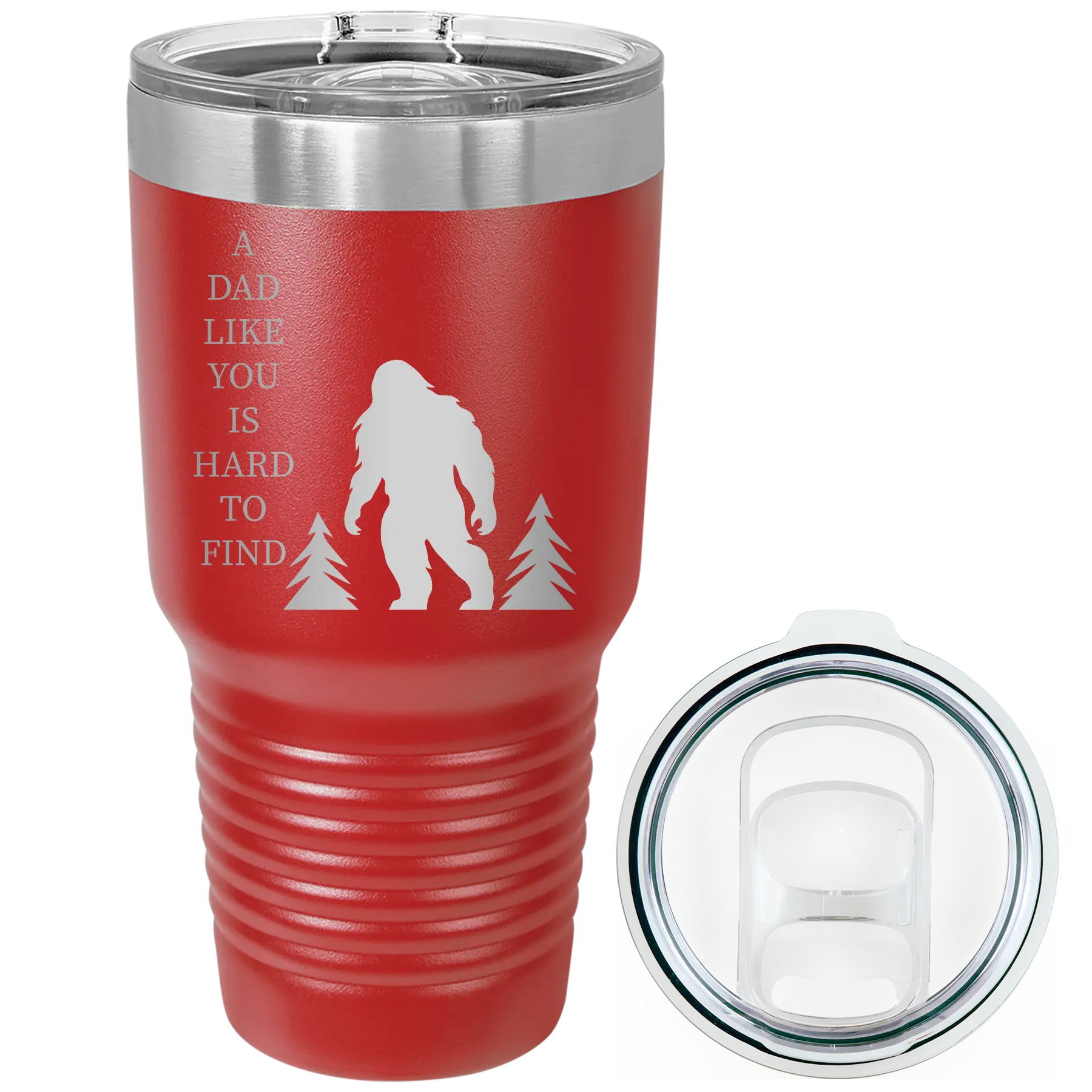 Laser etched red 30 oz vacuum insulated tumbler with 'Bigfoot' design