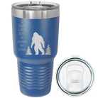 Laser etched royal blue 30 oz vacuum insulated tumbler with 'Bigfoot' design