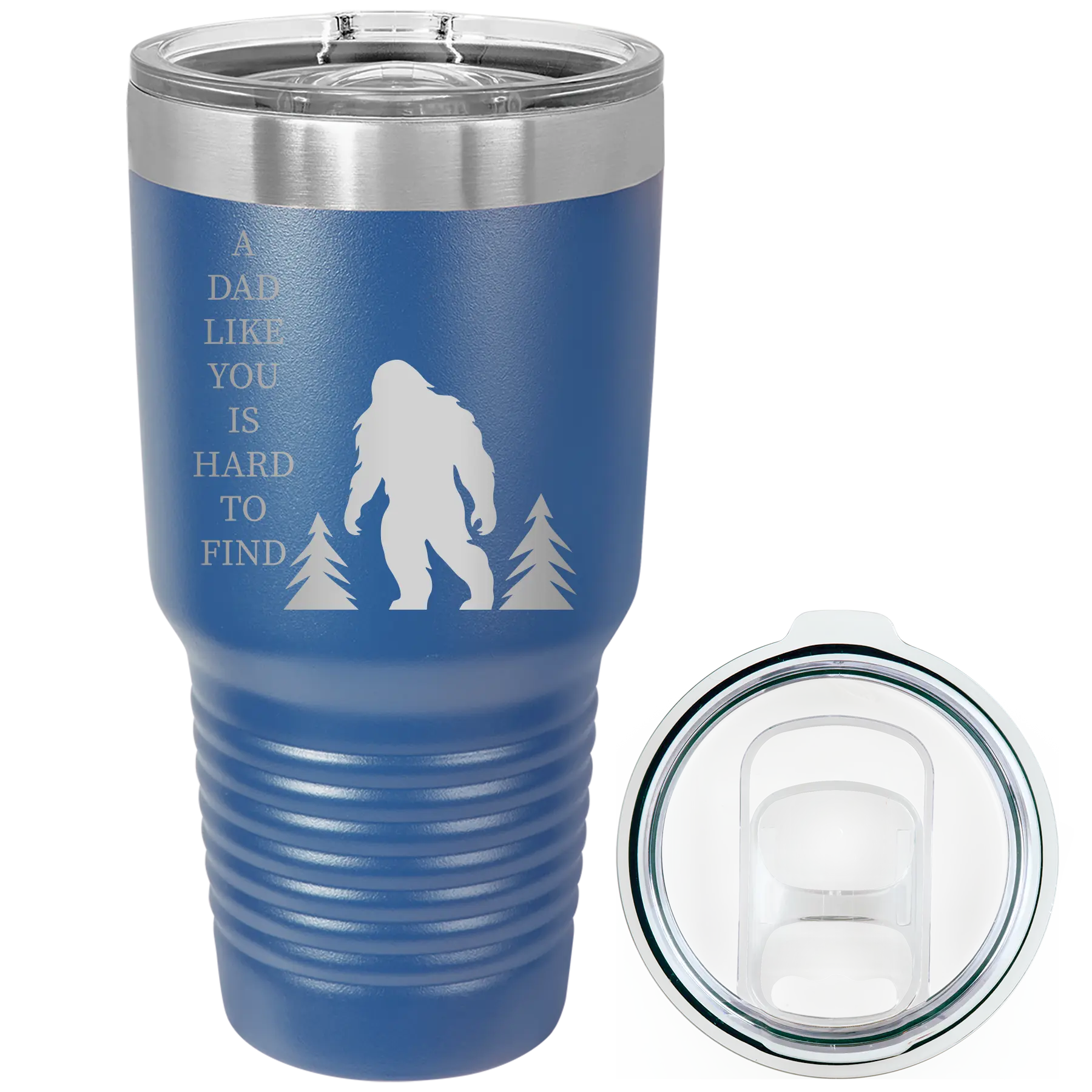 Laser etched royal blue 30 oz vacuum insulated tumbler with 'Bigfoot' design