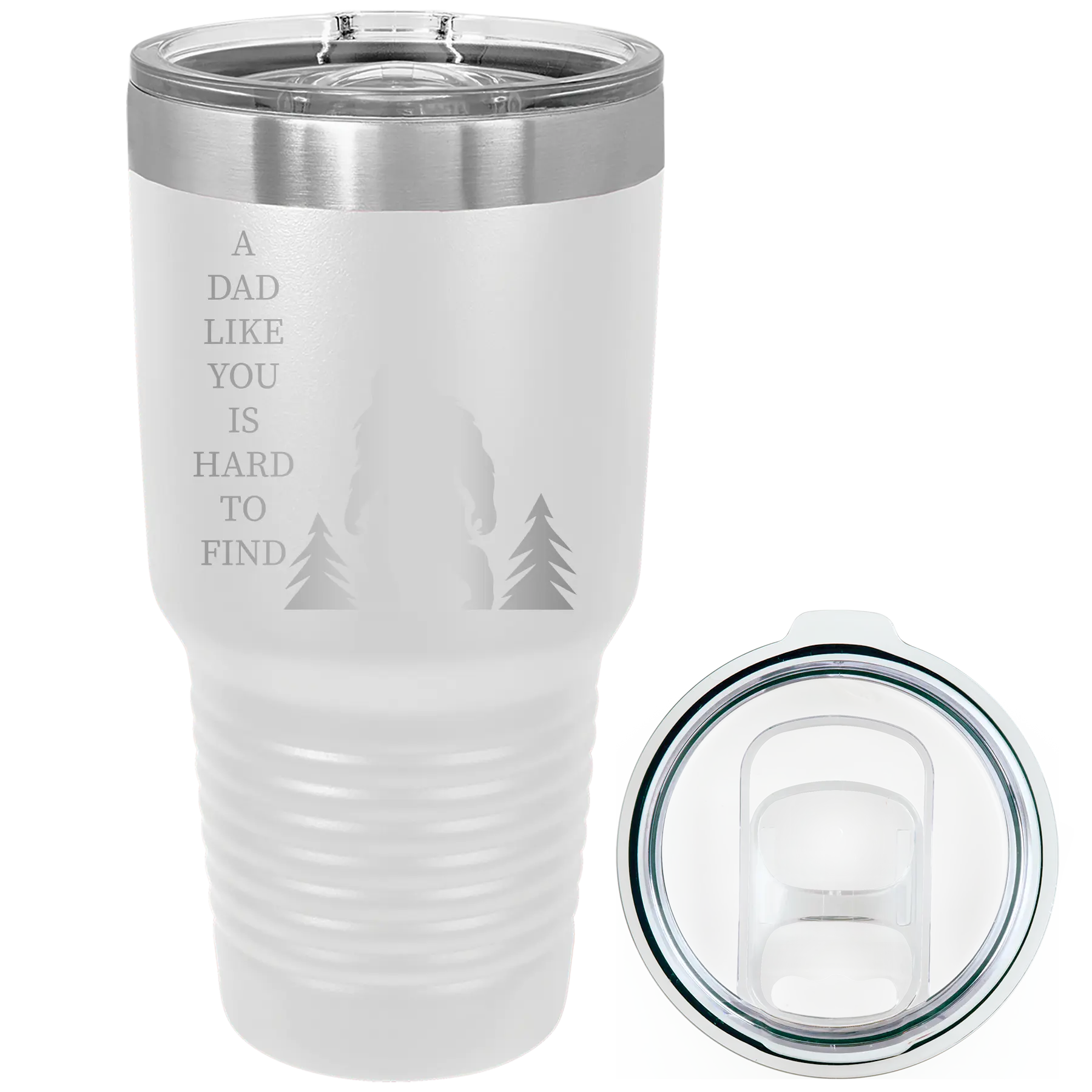 Laser etched white 30 oz vacuum insulated tumbler with 'Bigfoot' design