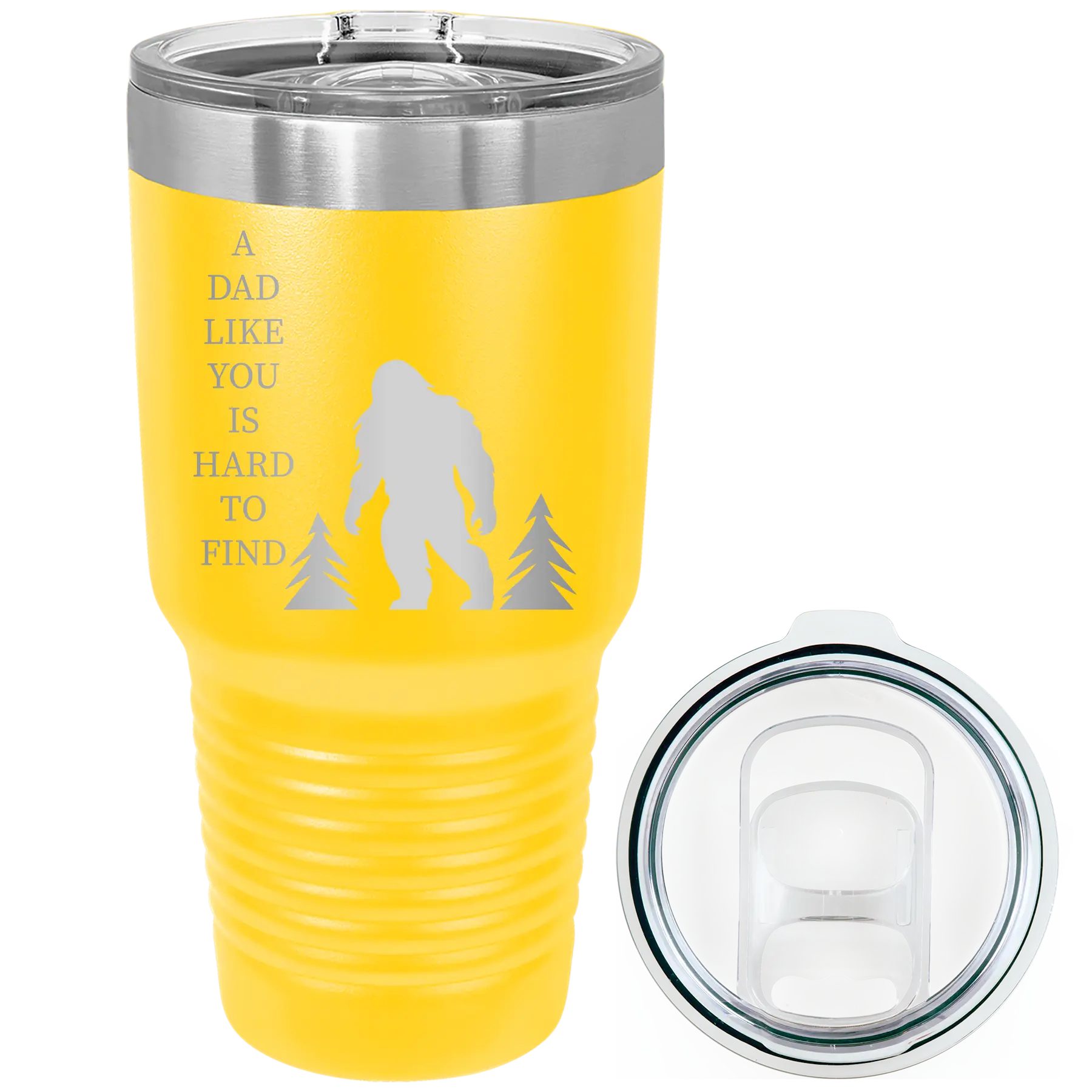 Laser etched yellow 30 oz vacuum insulated tumbler with 'Bigfoot' design