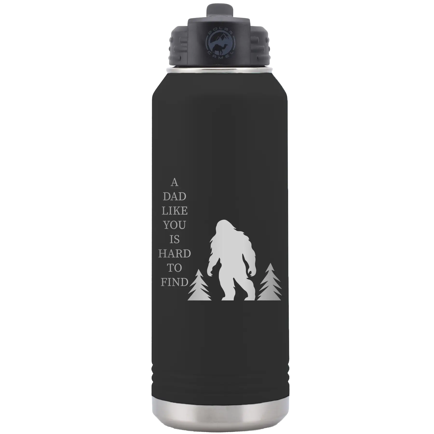 Laser etched black 32 oz vacuum insulated water bottle with 'Bigfoot' design