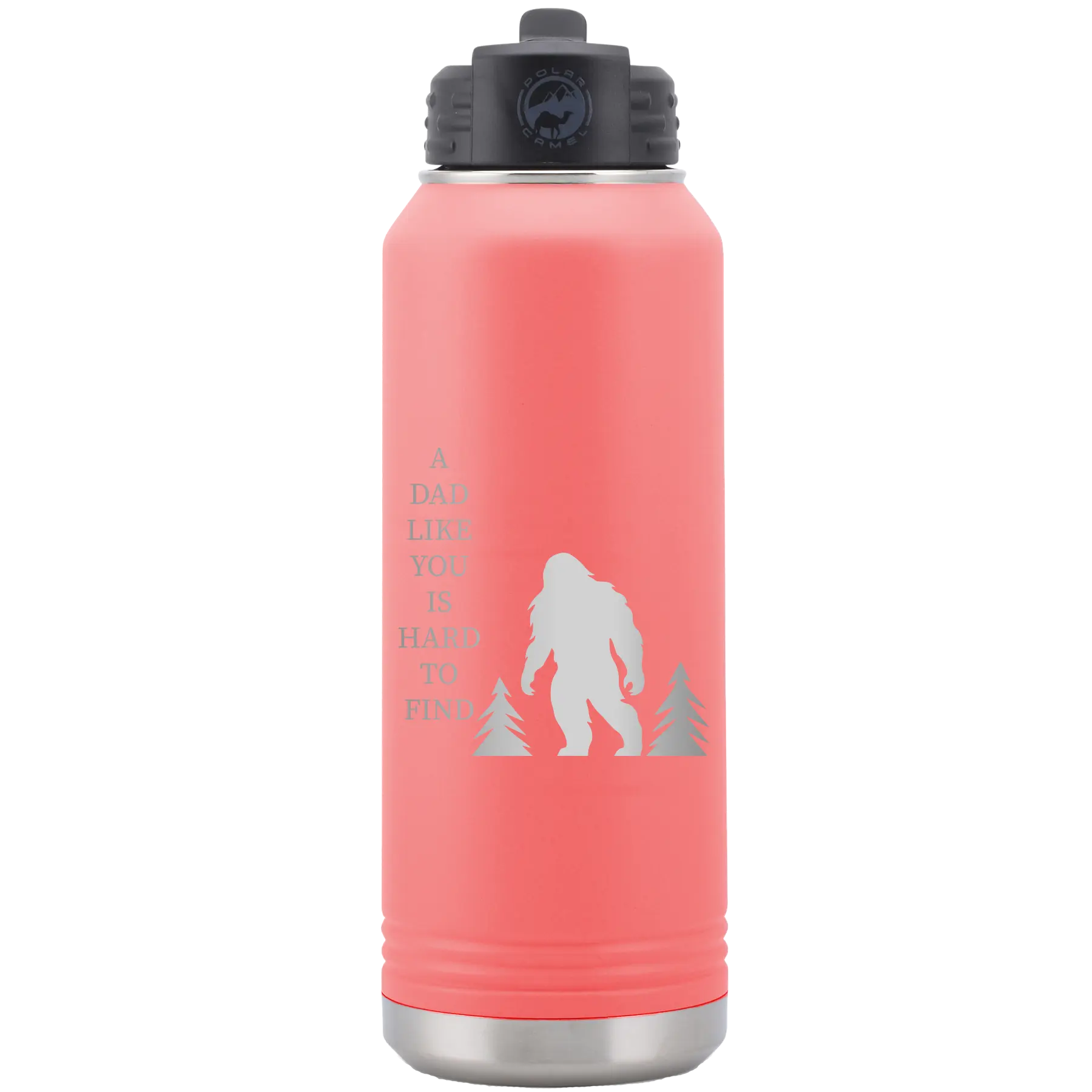 Laser etched coral 32 oz vacuum insulated water bottle with 'Bigfoot' design