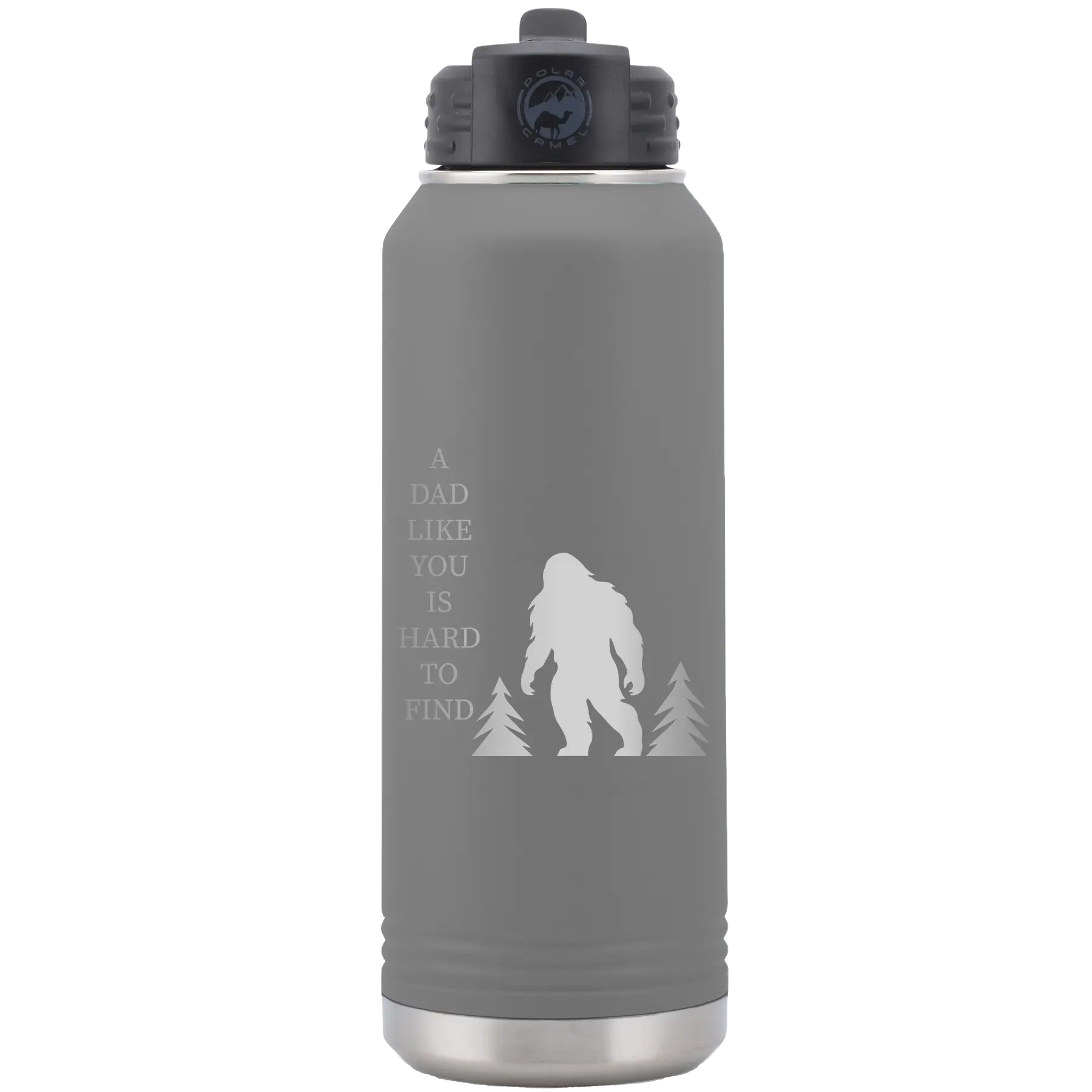 Laser etched dark gray 32 oz vacuum insulated water bottle with 'Bigfoot' design